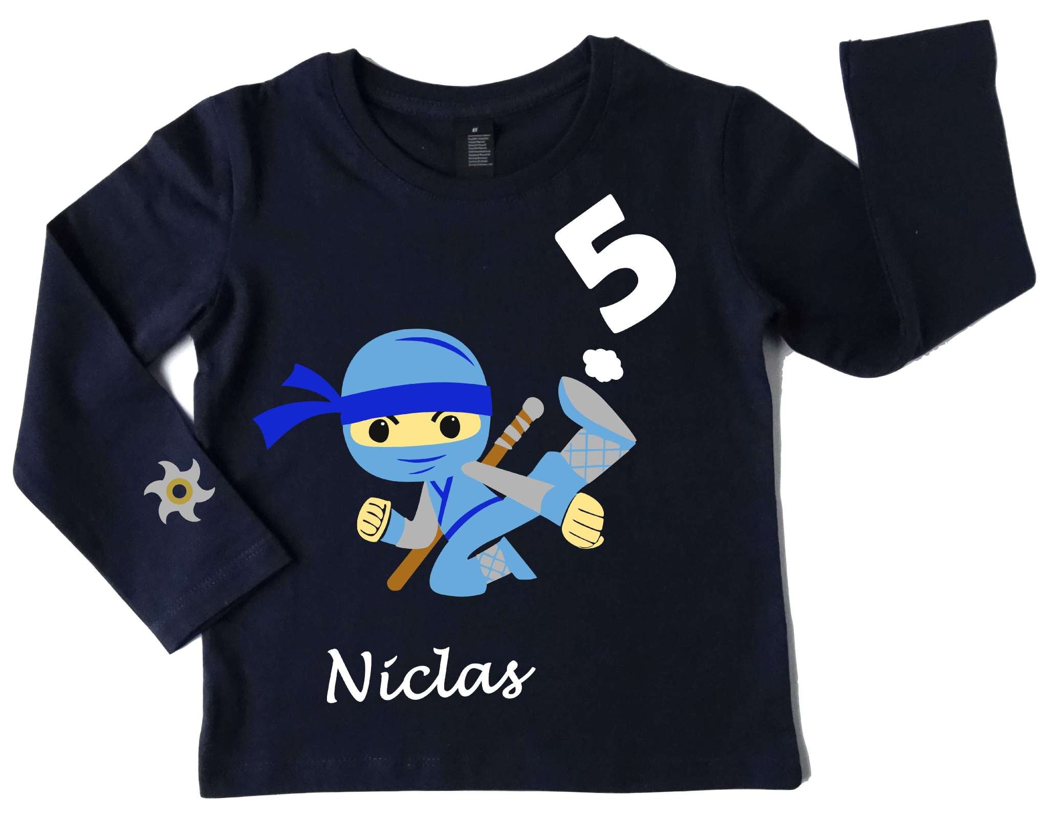 navi Geburtstagsshirt für Kinder mit hellblauem, springendem Ninja, Name und Zahl, mit silber metallic, mit langem Arm