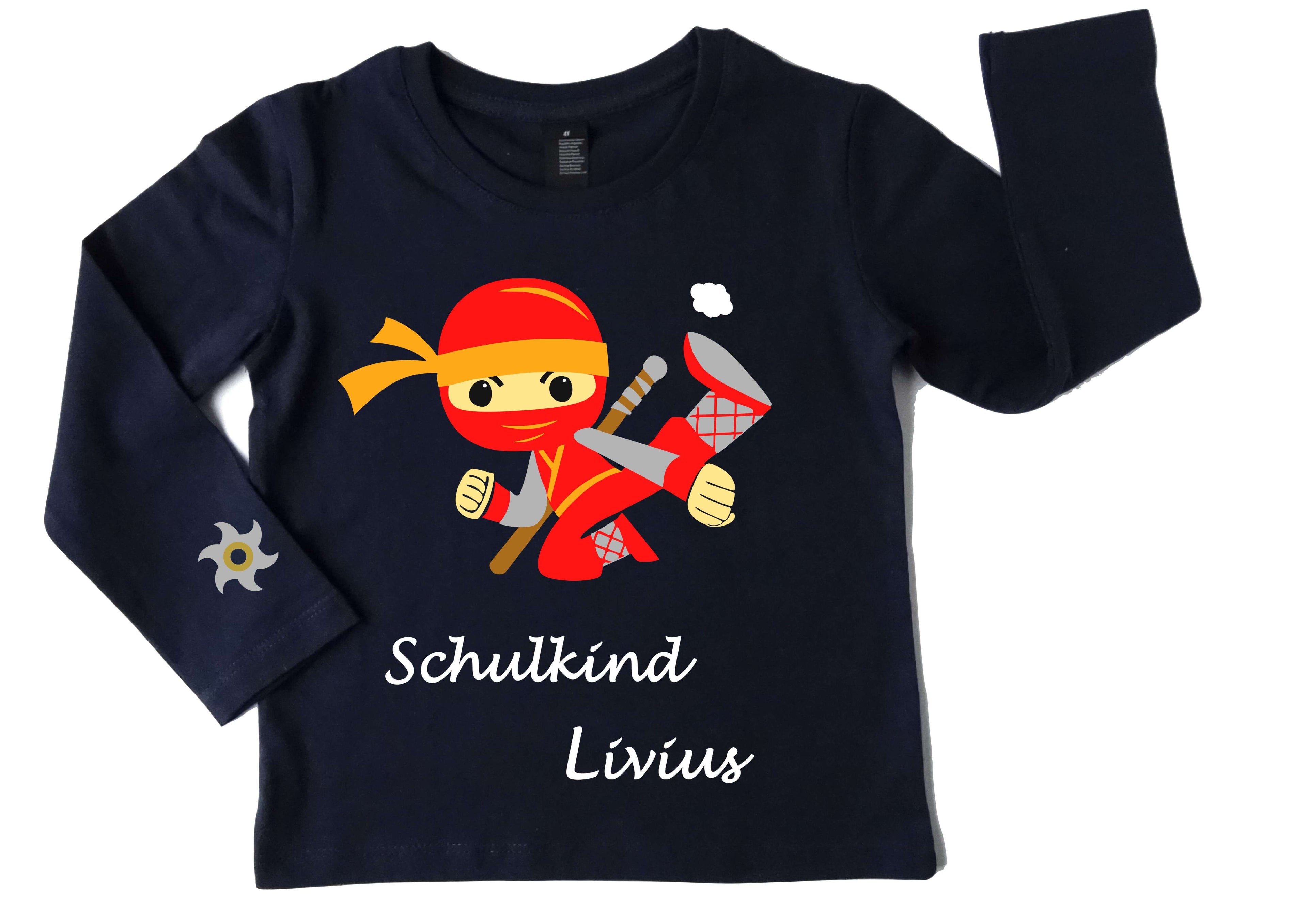 Sonderanfertigung navi Geburtstagsshirt für Kinder mit rotem, springendem Ninja, Name und Zahl, mit gold und silber metallic, mit langem Arm