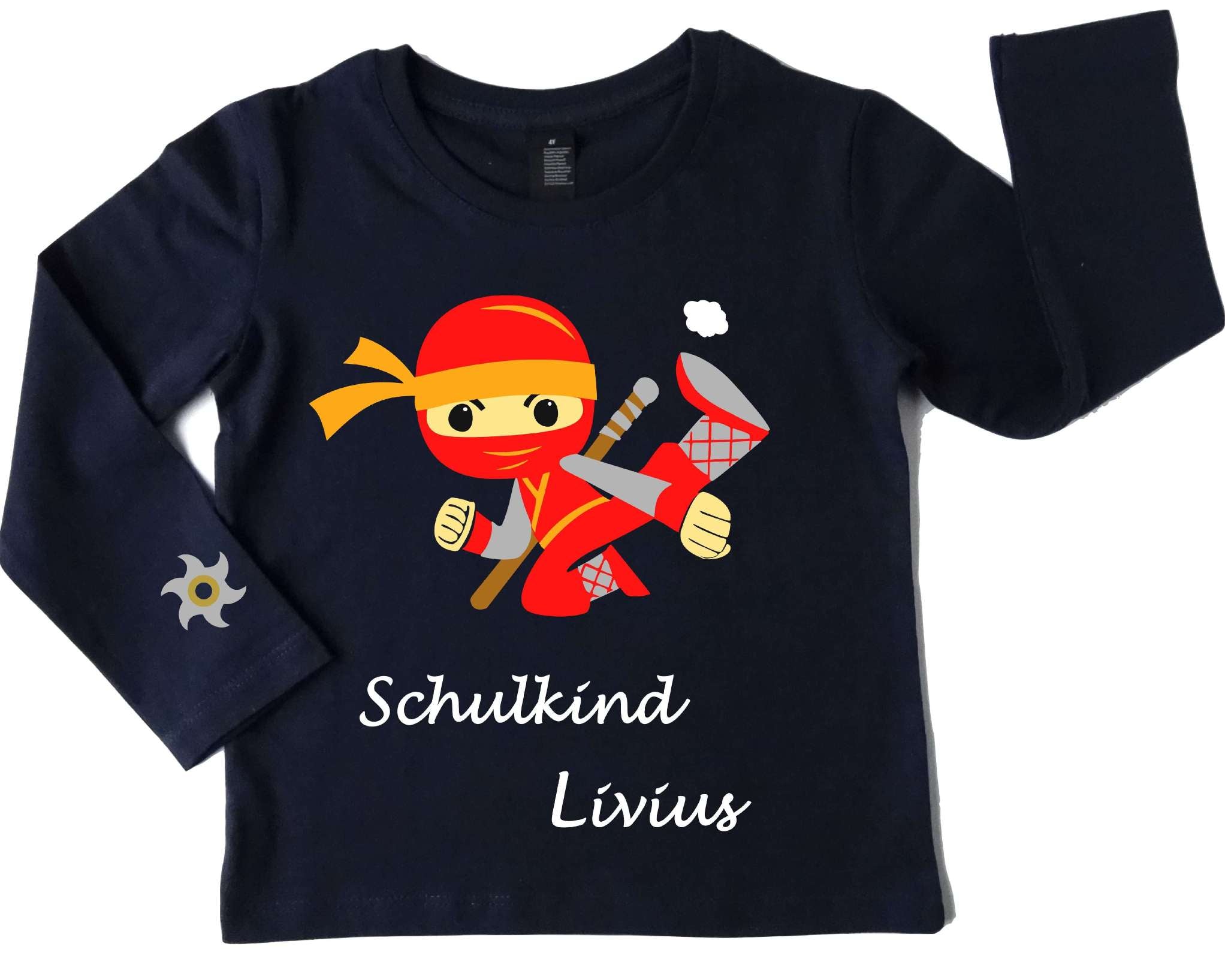 Sonderanfertigung navi Geburtstagsshirt für Kinder mit rotem, springendem Ninja, Name und Zahl, mit gold und silber metallic, mit langem Arm