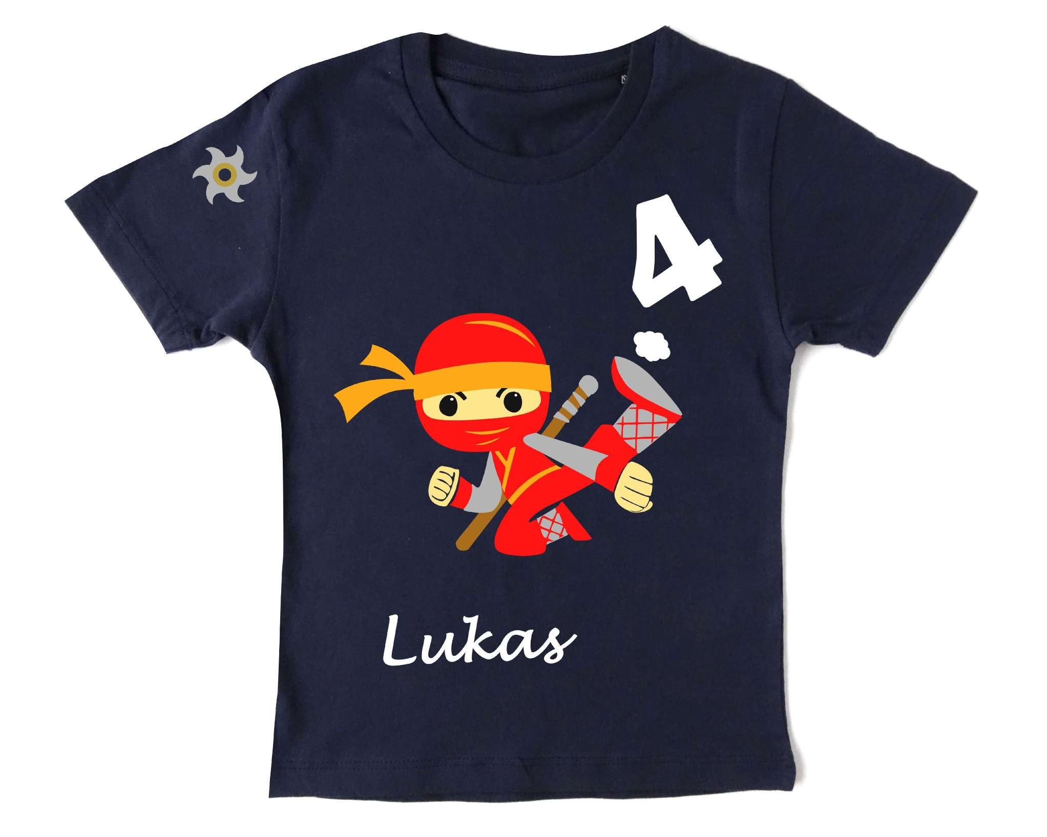 navi Geburtstagssshirt für Kinder mit rotem Ninja Kämpfer, Zahl und Name bedruckt, gold metallic Effekt