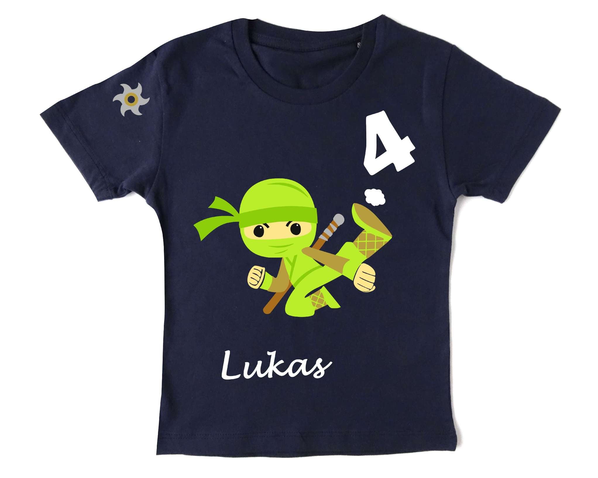 navi Geburtstagssshirt für Kinder mit hellgrünem Ninja Kämpfer, Zahl und Name bedruckt, gold metallic Effekt