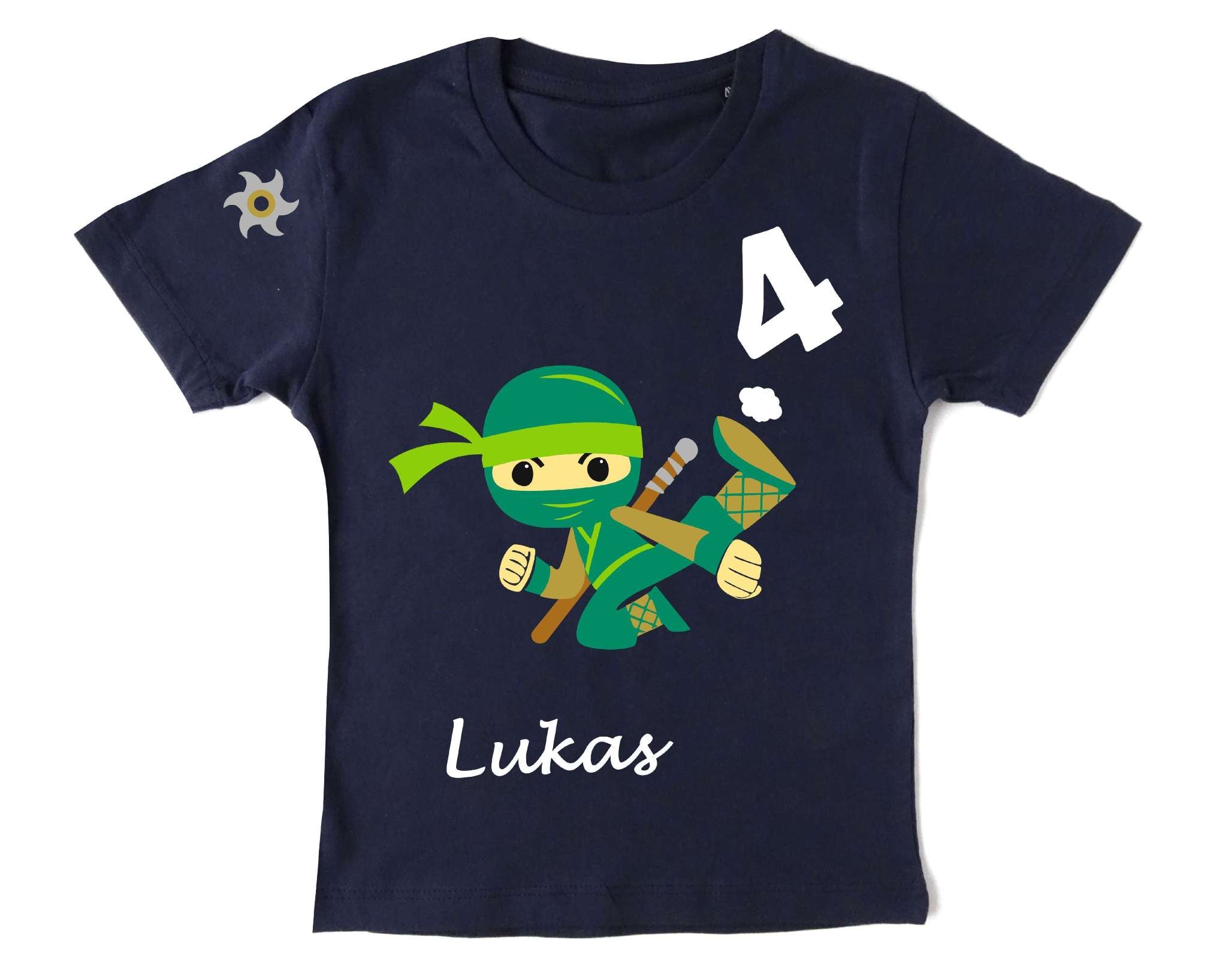 navi Geburtstagssshirt für Kinder mit petrol farbenem Ninja Kämpfer, Zahl und Name bedruckt, gold metallic Effekt