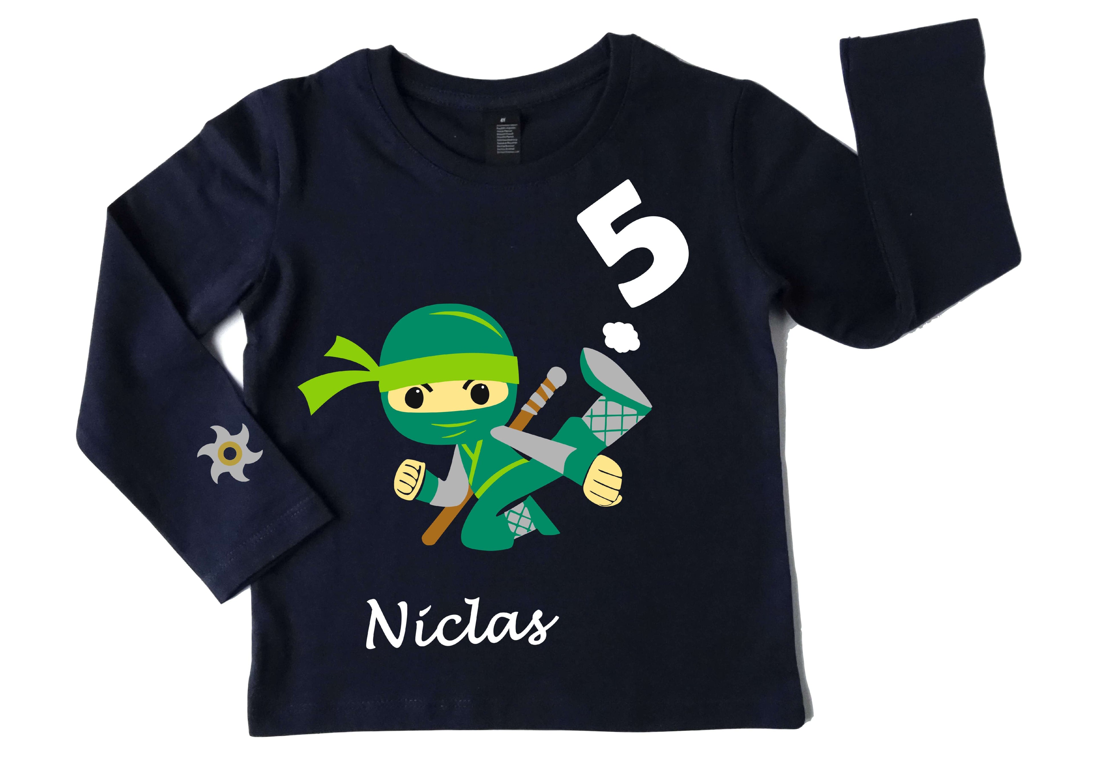 navi Geburtstagsshirt für Kinder mit petrol, springendem Ninja, Name und Zahl, mit silber metallic, mit langem Arm