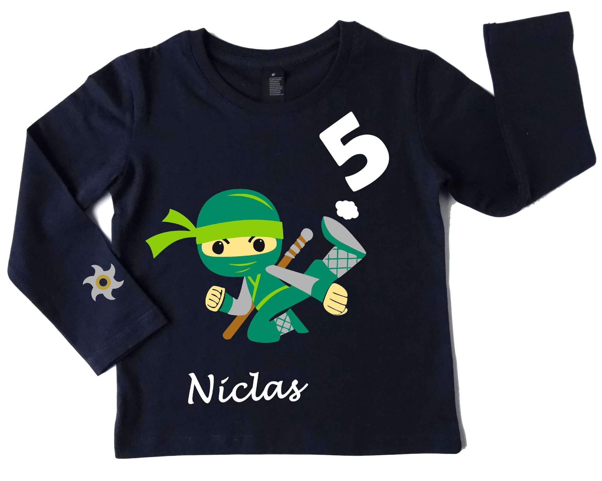 navi Geburtstagsshirt für Kinder mit petrol, springendem Ninja, Name und Zahl, mit silber metallic, mit langem Arm