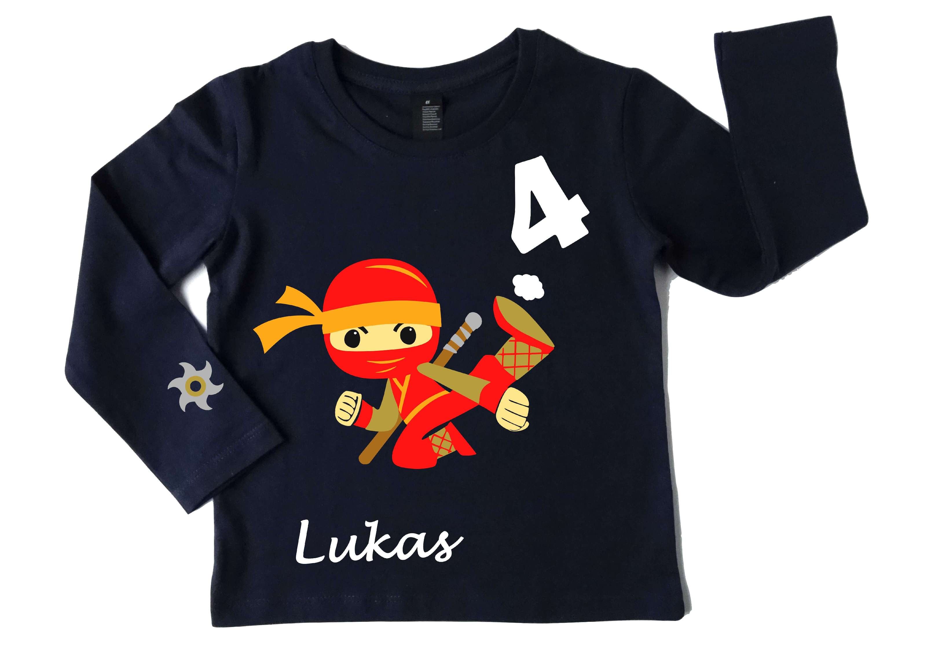 navi Geburtstagsshirt roter Ninja für Kinder mit Zahl, mit gold metallic, mit langem Arm