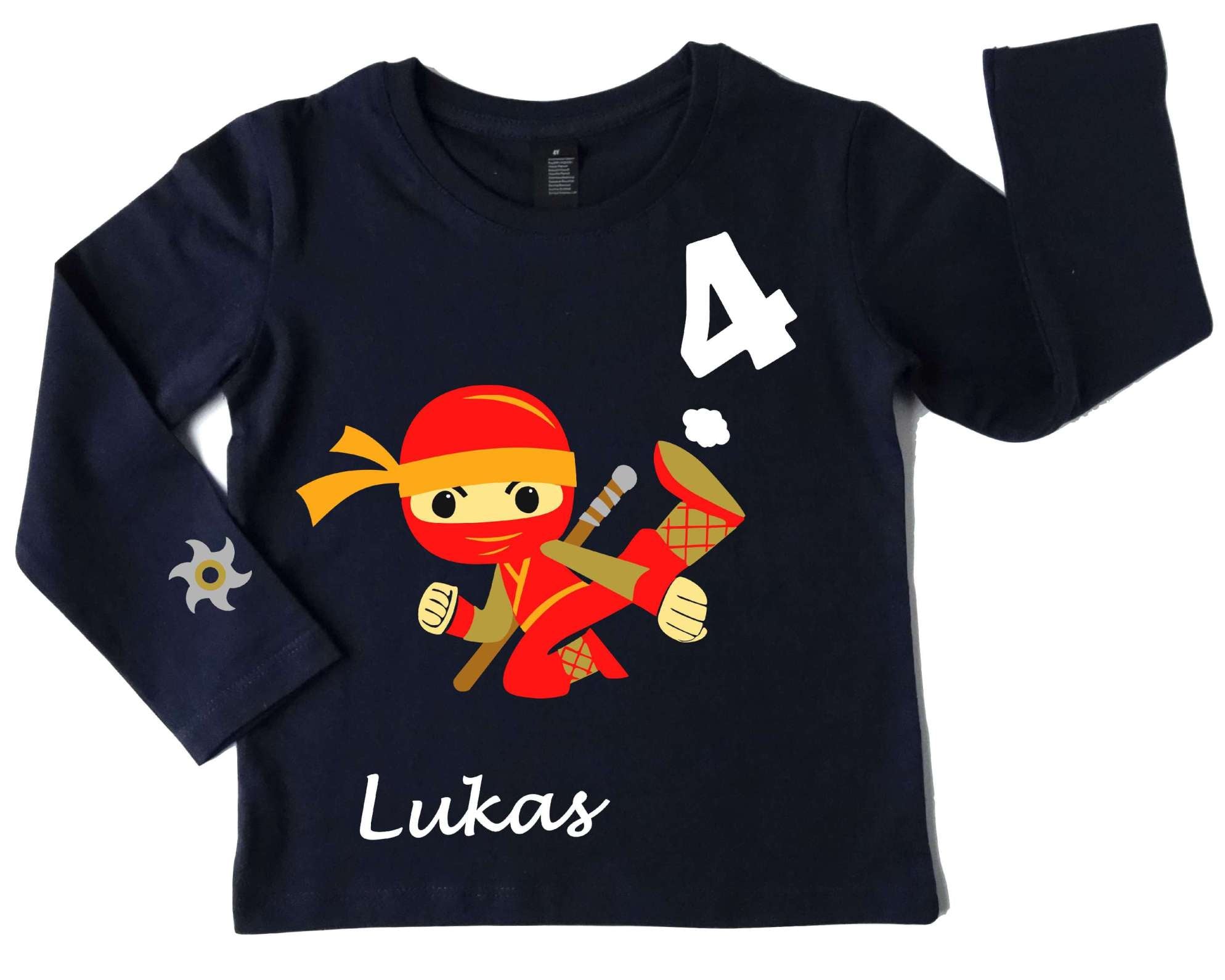 navi Geburtstagsshirt roter Ninja für Kinder mit Zahl, mit gold metallic, mit langem Arm