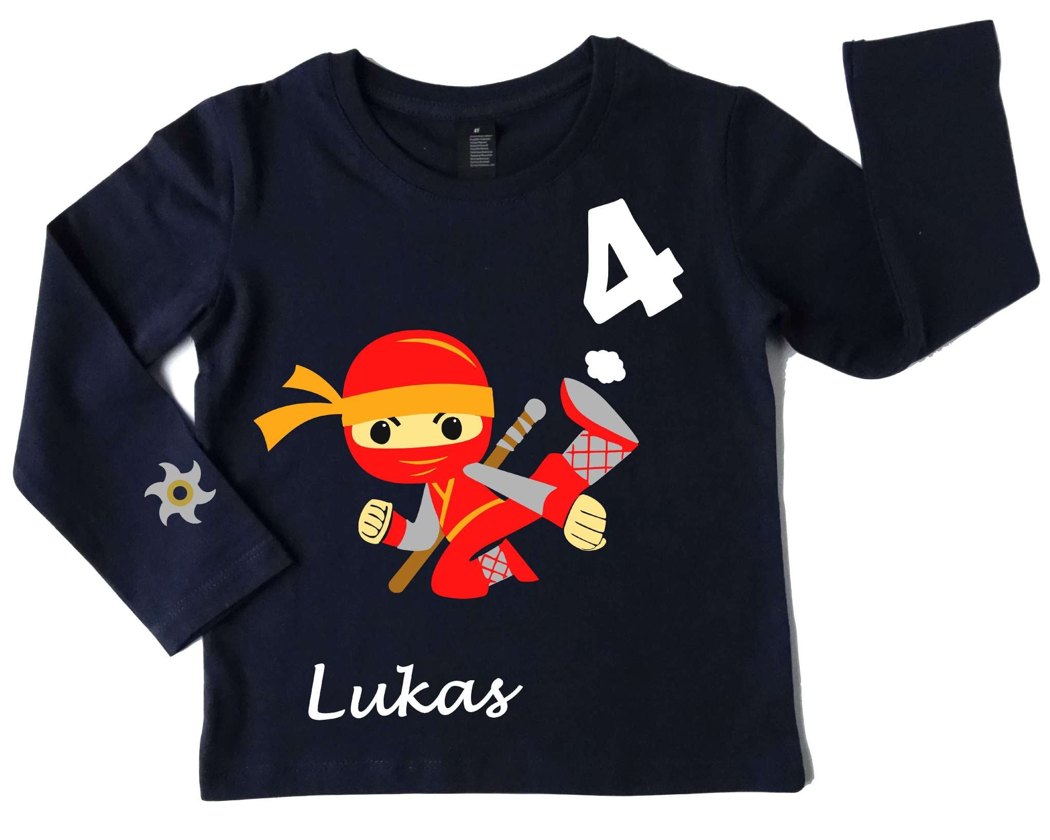 navi Geburtstagsshirt für Kinder mit rotem, springendem Ninja, Name und Zahl, mit silber metallic, mit langem Arm