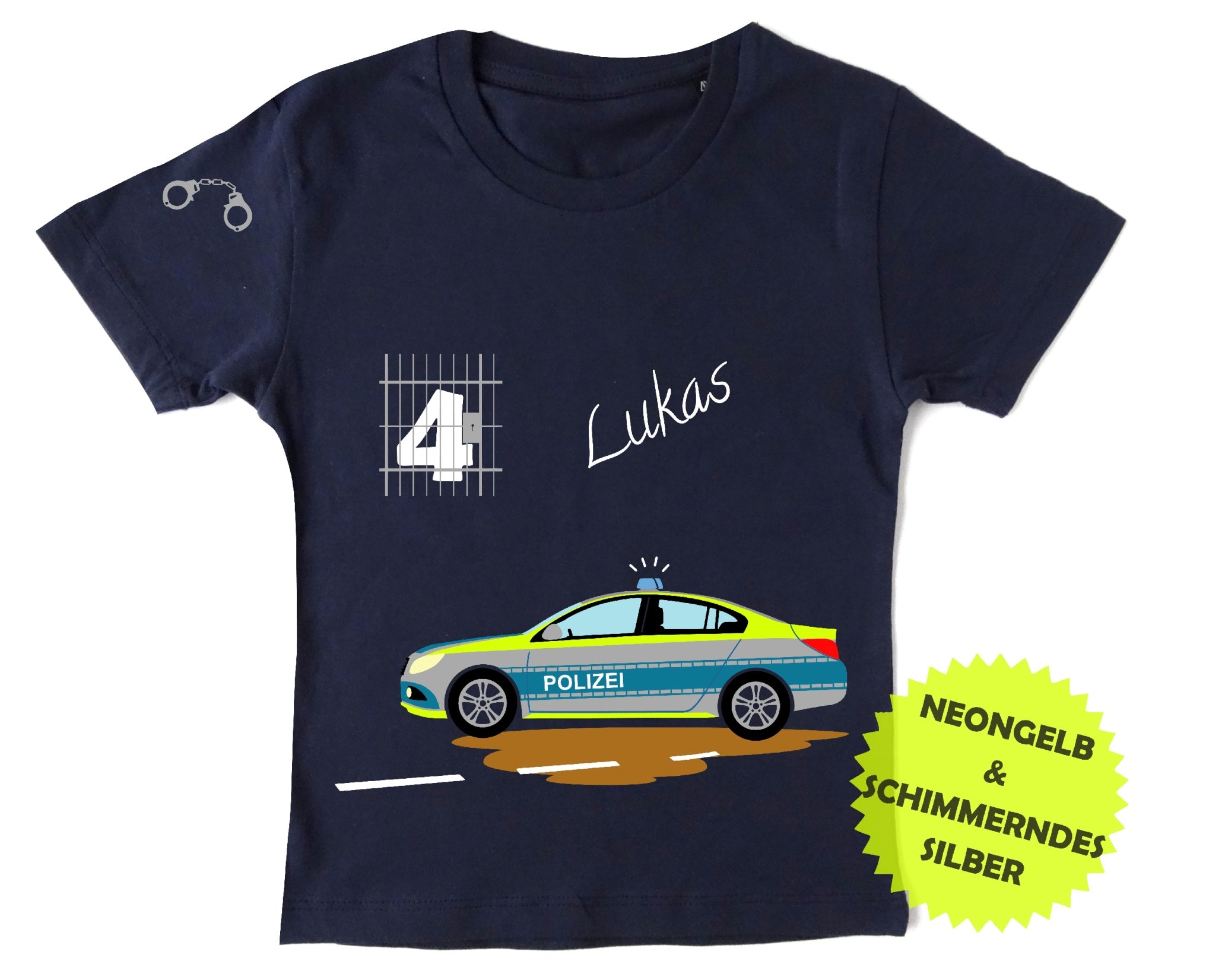 navi Kinder-Geburtstagsshirt mit schnellem Polizeiauto, kurze Ärmel und originale Polizei-Farben
