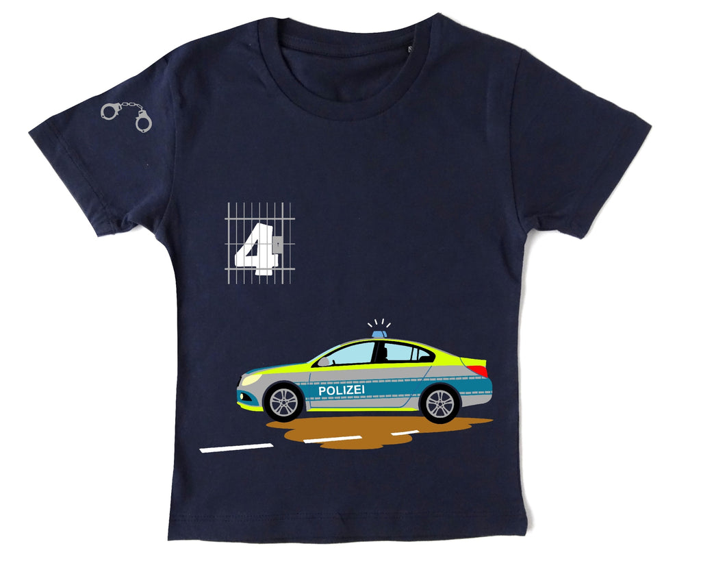navi Kinder-Geburtstagsshirt mit Zahl und schnellem Polizeiauto, kurze Ärmel und originale Polizei-Farben