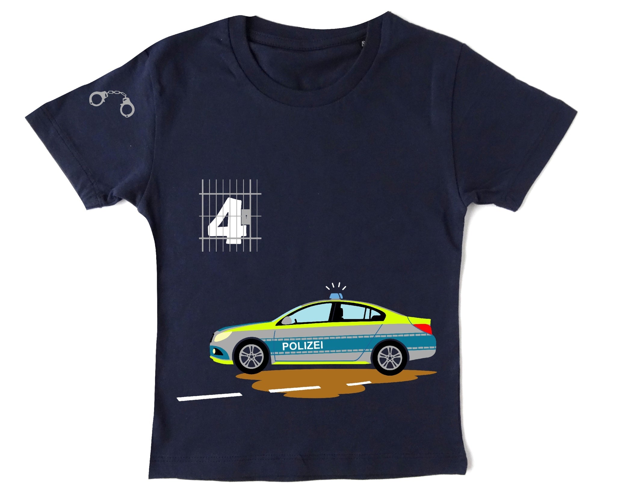 navi Kinder-Geburtstagsshirt mit Zahl und schnellem Polizeiauto, kurze Ärmel und originale Polizei-Farben