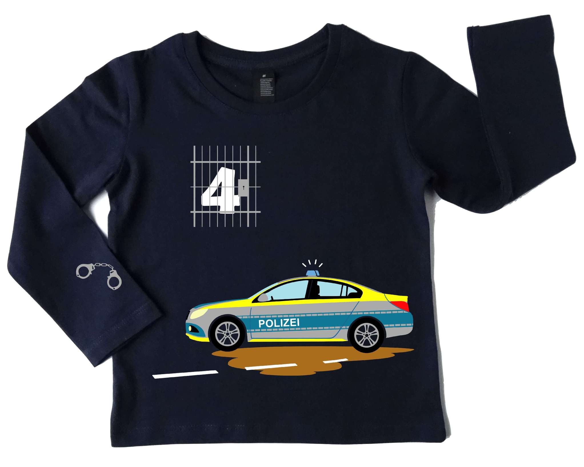 french navi Geburtstagsshirt für Kinder mit deutschem Polizei Rennauto, mit Zahl und neongelbem Aufdruck