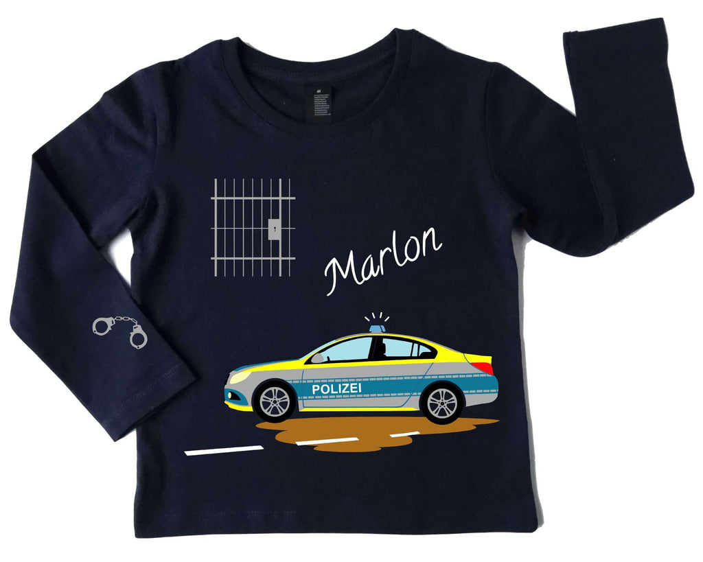 french navi Geburtstagsshirt für Kinder mit deutschem Polizei Rennauto, mit Name und Zahl und neongelbem Aufdruck