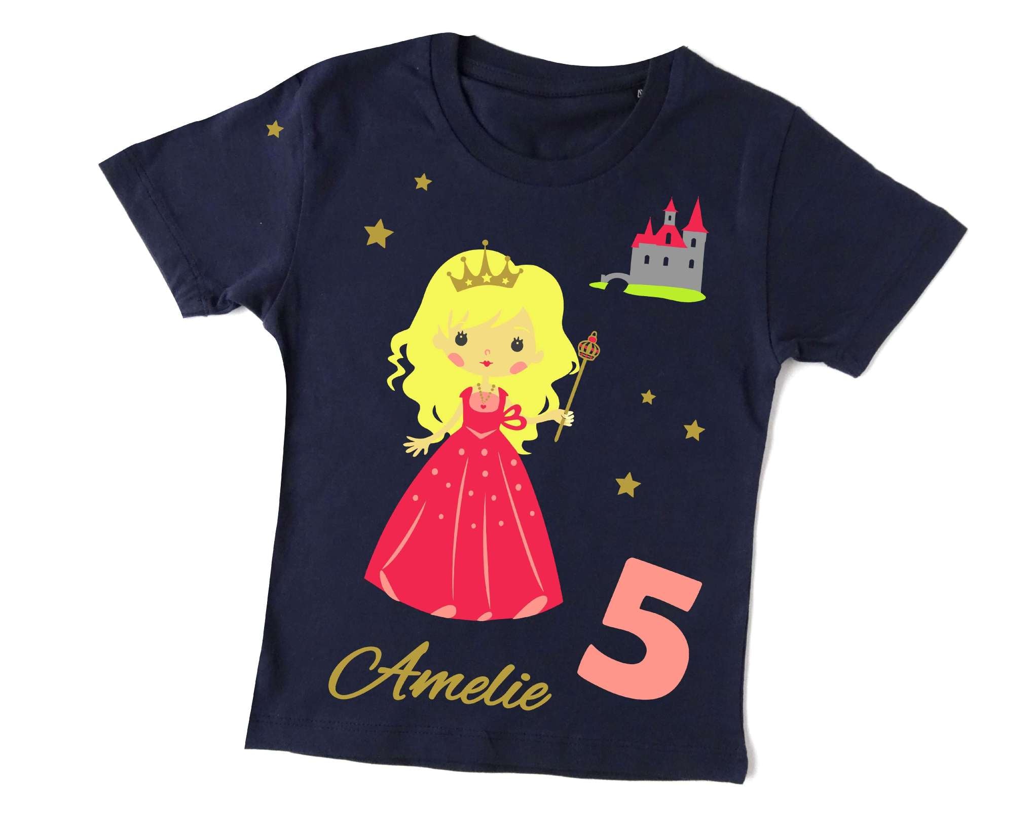 navi T-shirt für Kindergeburtstag mit Name und Zahl, bedruckt mit Prinzessin in pinkem Kleid