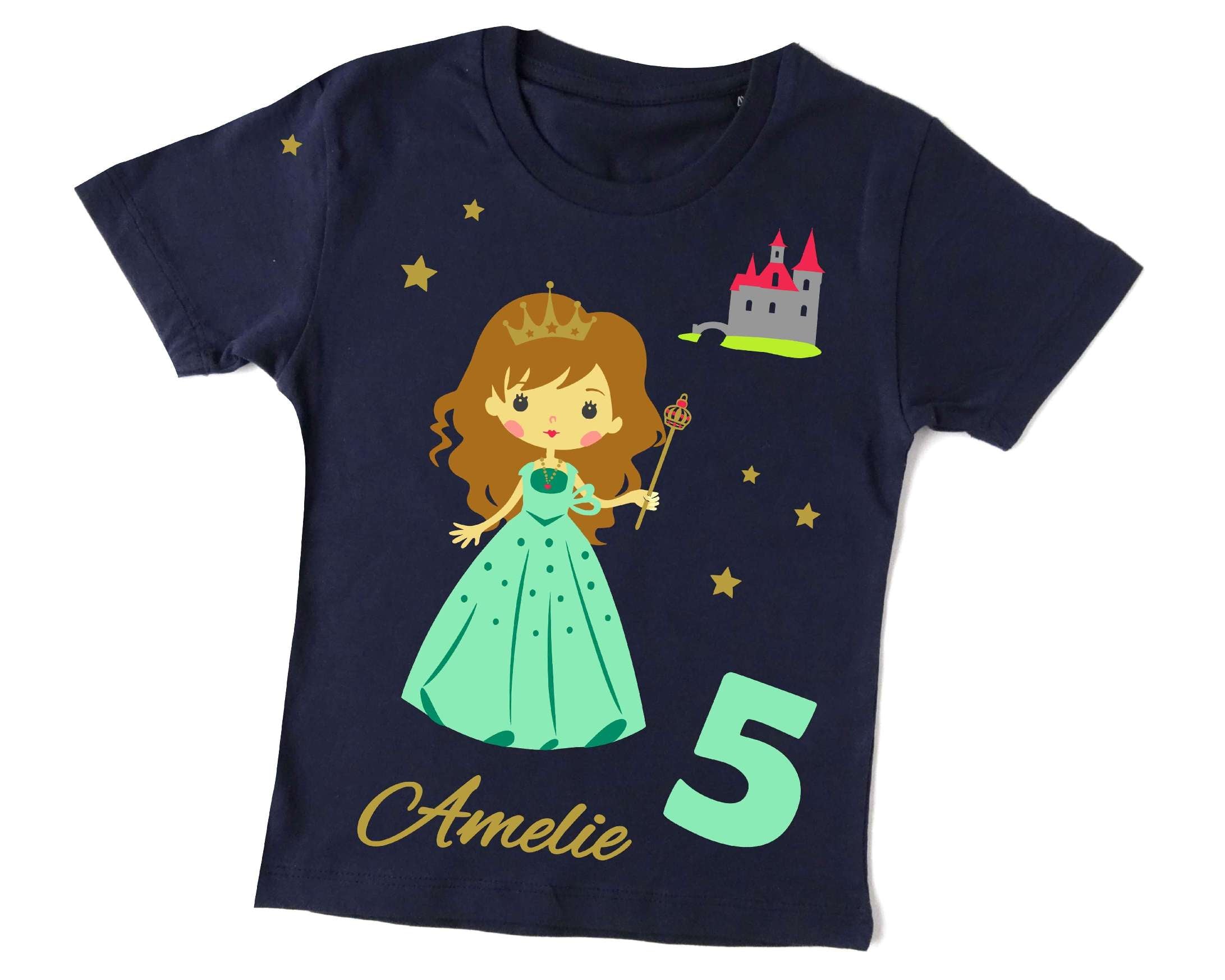 navi T-shirt für Kindergeburtstag mit Name und Zahl, bedruckt mit Prinzessin in mint farbene, Kleid