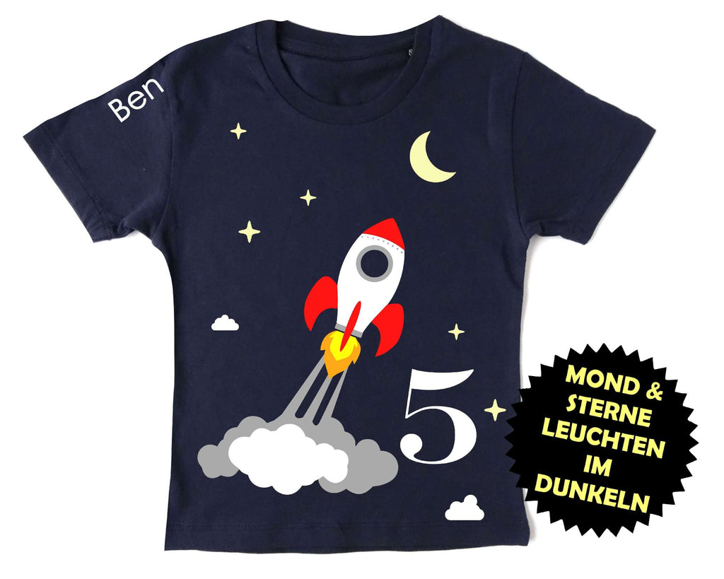 navi Kinder Geburtstagsshirt mit startender Rakete bedruckt, mit Leuchteffekt im Dunkeln, kurze Ärmel
