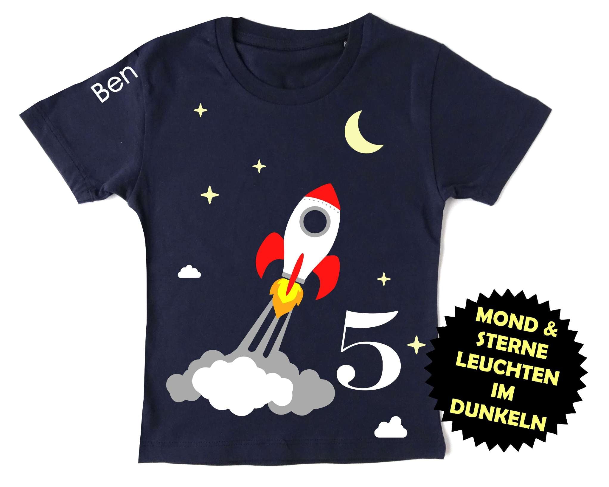 navi Kinder Geburtstagsshirt mit startender Rakete bedruckt, mit Leuchteffekt im Dunkeln, kurze Ärmel