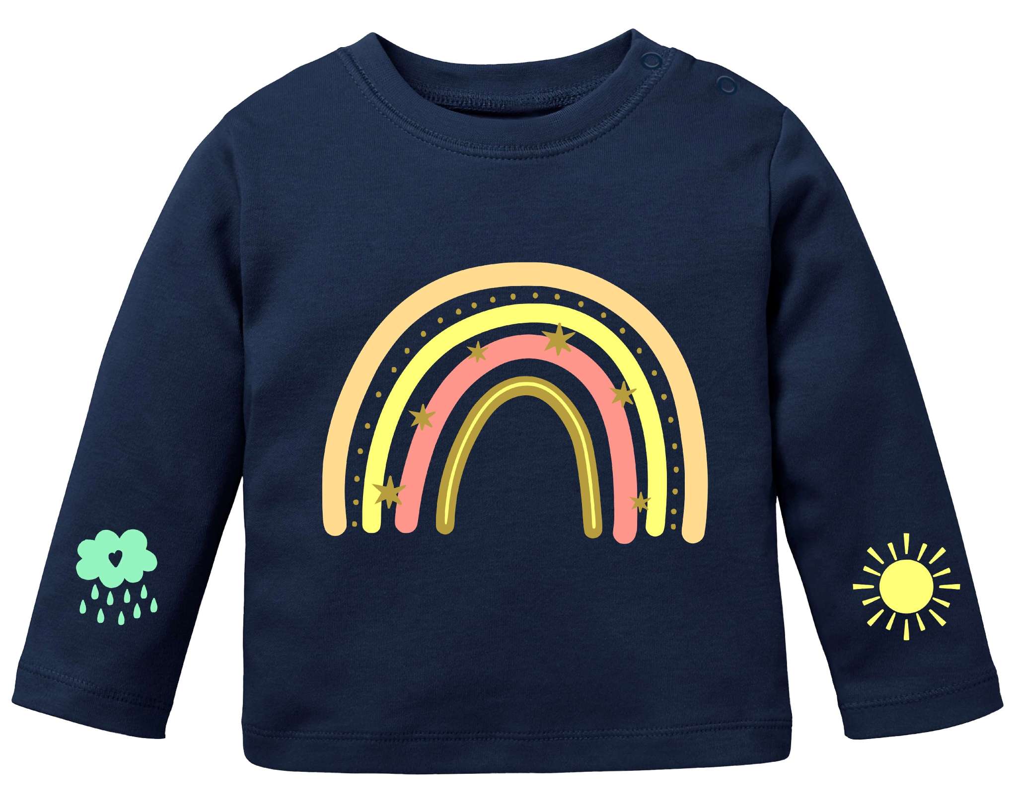 navi farbenes Babyshirt mit Schulterknöpfen, bedruckt mit süßem Regenbogen, Sonne und Wolke