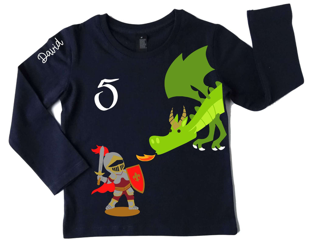 Geburtstagsshirt Ritter und Drache mit Name und Zahl, für Kinder in french navi mit langem Ärmeln