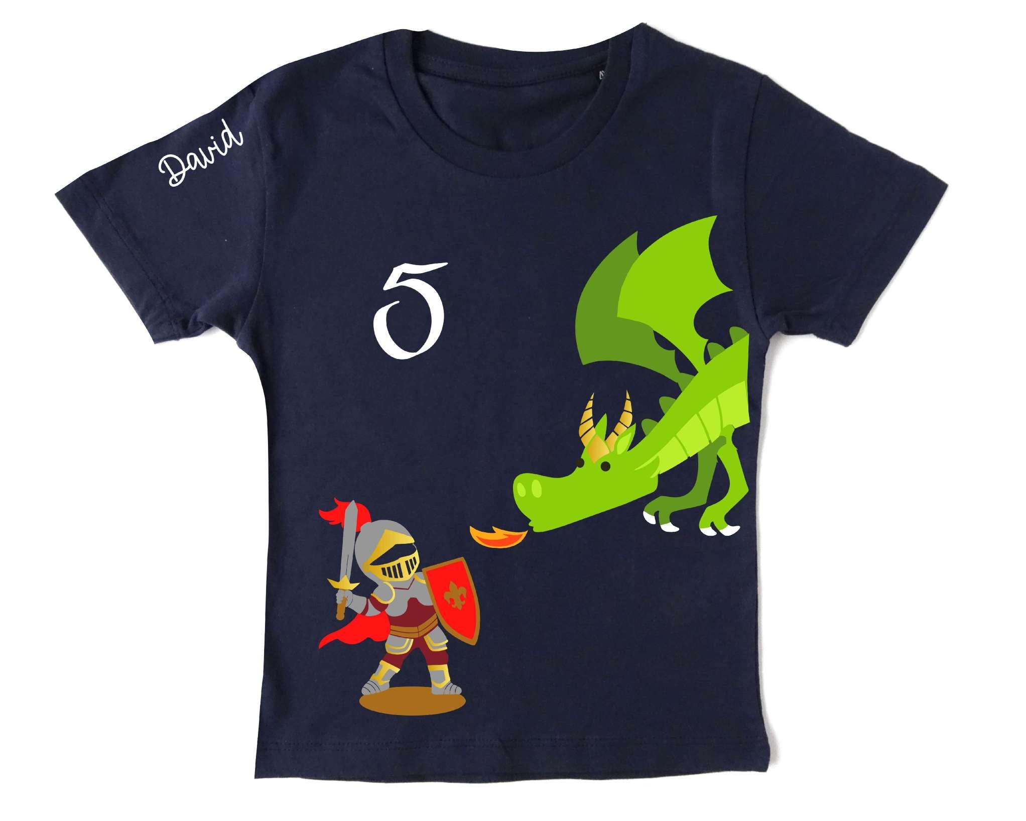navi Geburtstagsshirt Fantasy mit kurzem Arm für Kinder mit Ritter und feuerspeiendem Drache, mit Name und Zahl