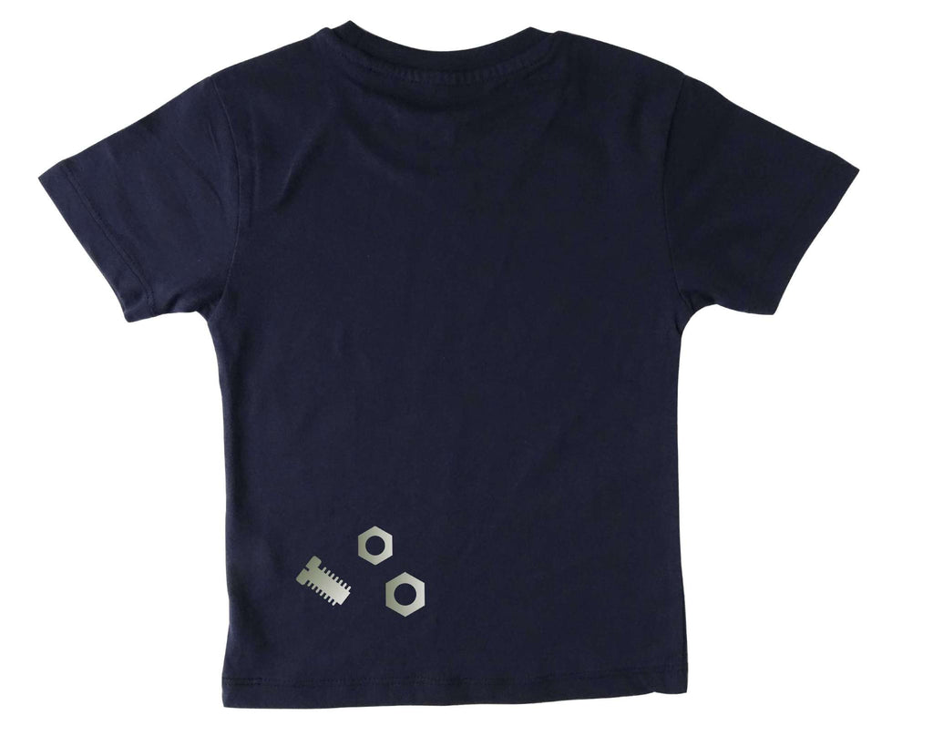 Rückseite mit Schrauben von navi Geburtstagsshirt Roboter mit silber metallic Effekt, Name und Zahl für Kinder, mit hellblauem Ballon