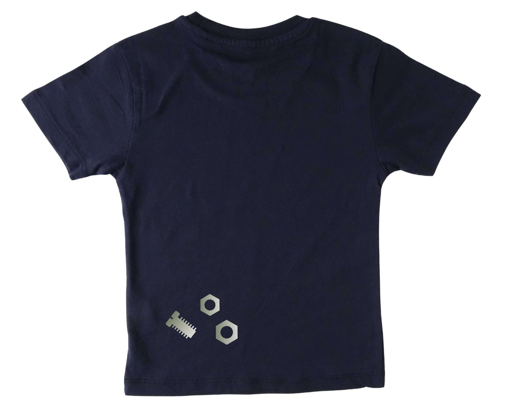 Rückseite mit Schrauben von navi Geburtstagsshirt Roboter mit silber metallic Effekt, Name und Zahl für Kinder, mit hellblauem Ballon