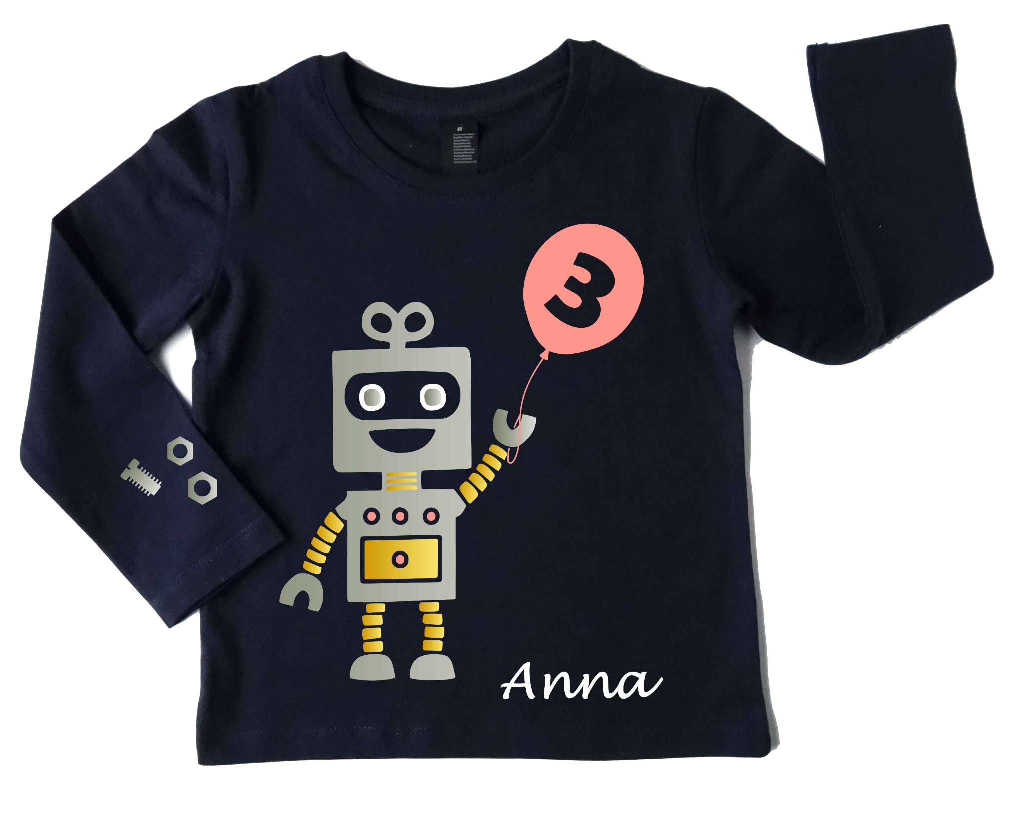 navi Geburtstagsshirt Roboter mit silber und metallic, mit Name, Zahl und rosa Luftballon mit langen Ärmeln