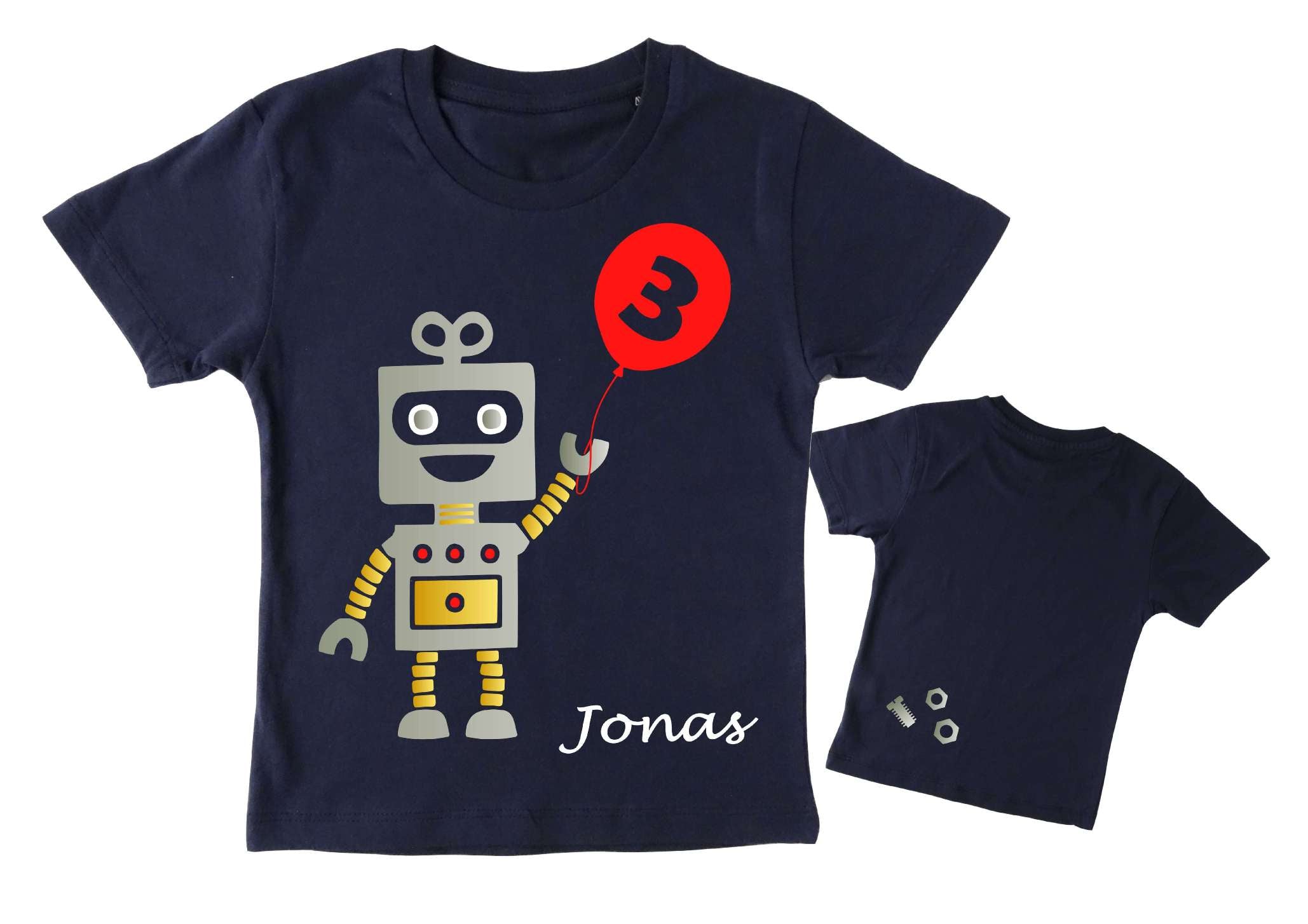 navi Geburtstagsshirt Roboter mit silber metallic Effekt, Name und Zahl für Kinder, mit rotem Ballon