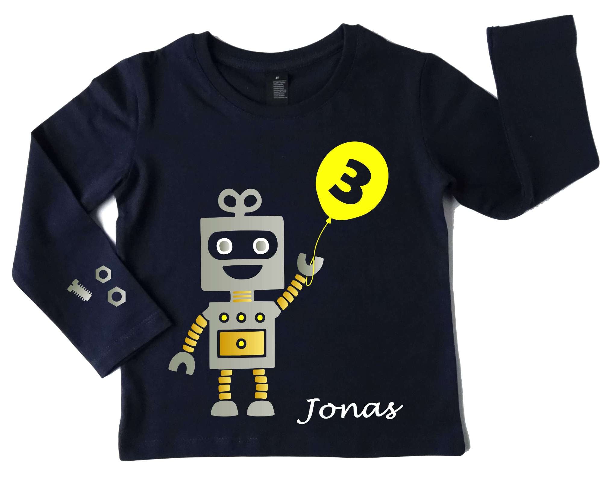 navi Geburtstagsshirt Roboter mit silber und metallic, mit Name, Zahl und gelbem Luftballon mit langen Ärmeln