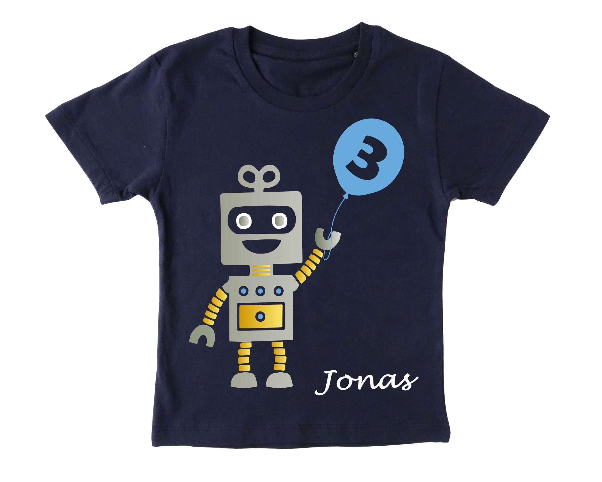 navi Geburtstagsshirt Roboter mit silber metallic Effekt, Name und Zahl für Kinder, mit hellblauem Ballon