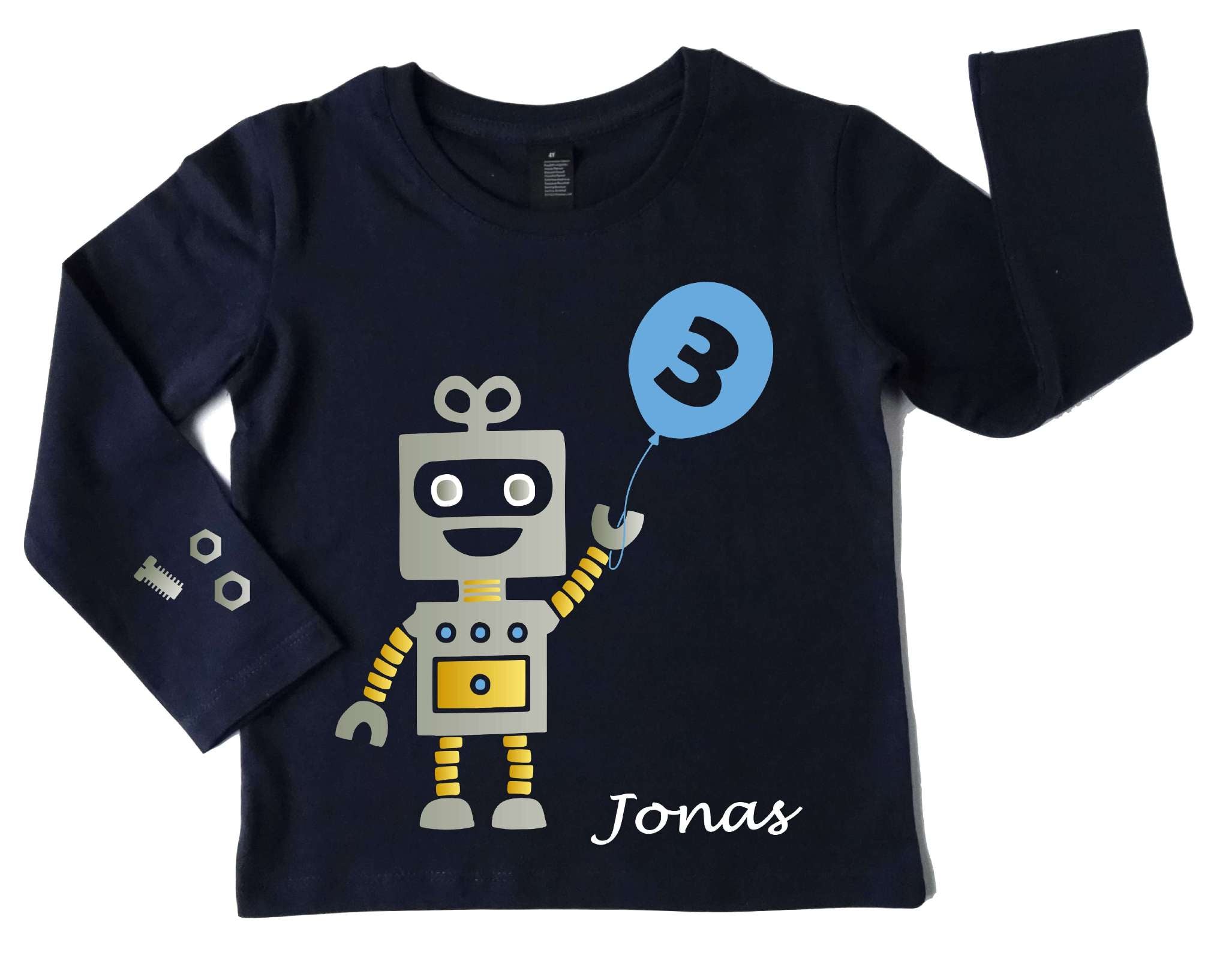 navi Geburtstagsshirt Roboter mit silber und metallic, mit Name, Zahl und blauem Luftballon mit langen Ärmeln
