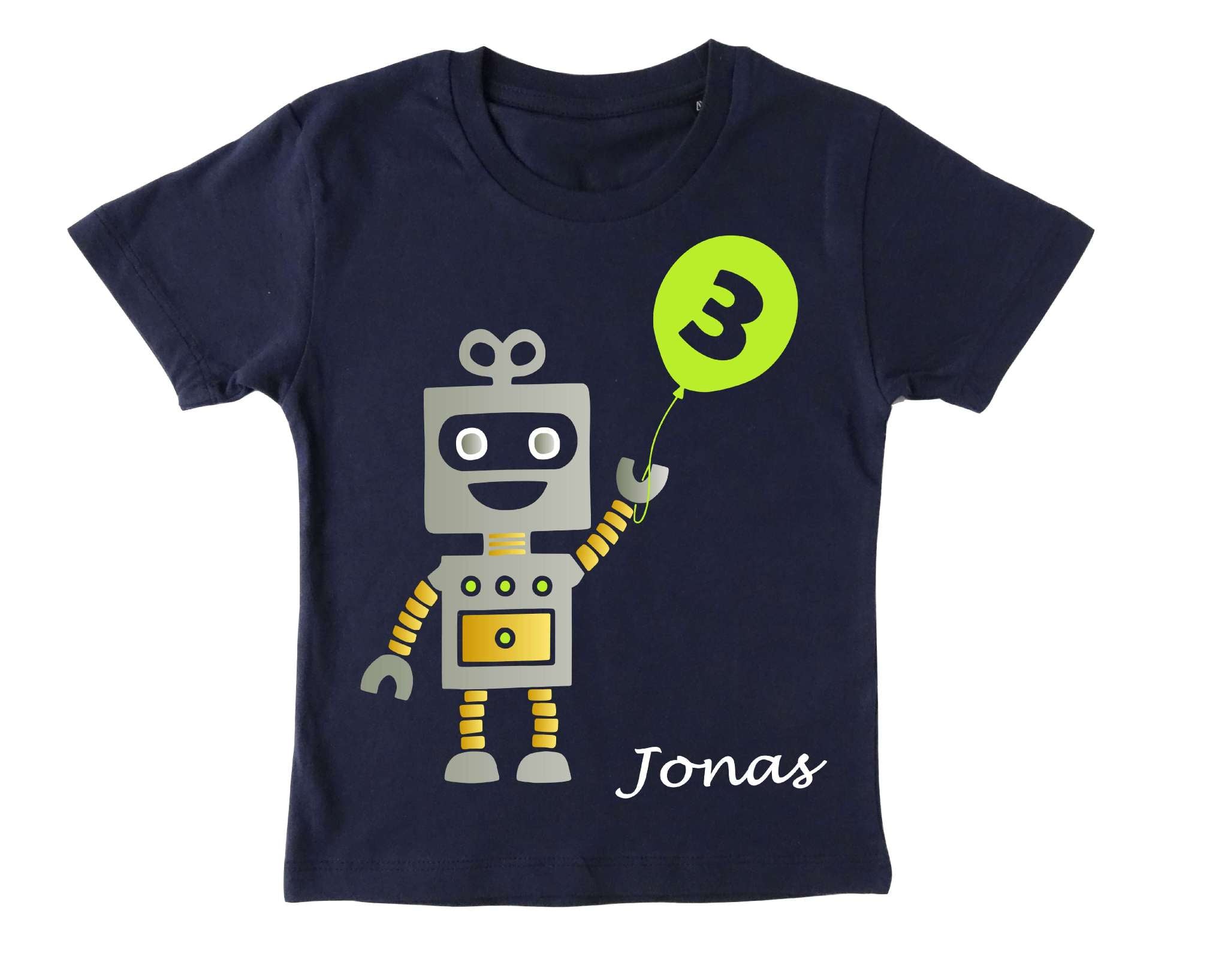 navi Geburtstagsshirt Roboter mit silber metallic Effekt, Name und Zahl für Kinder, mit hellgrünem Ballon