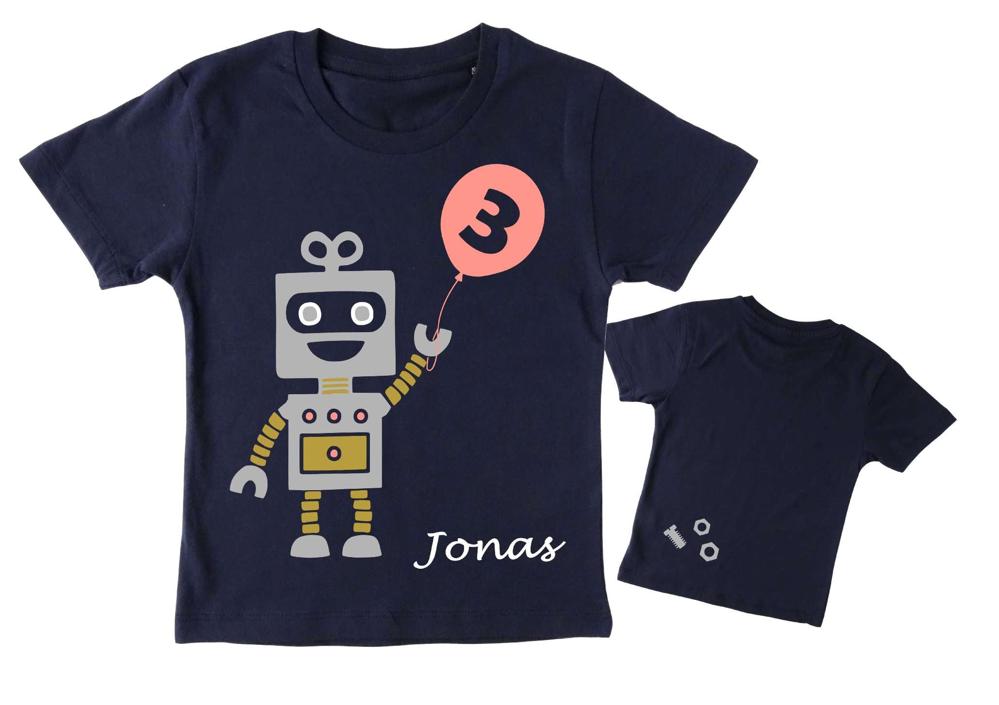 navi Geburtstagsshirt Roboter mit silber metallic Effekt, Name und Zahl für Kinder, mit rosa Ballon