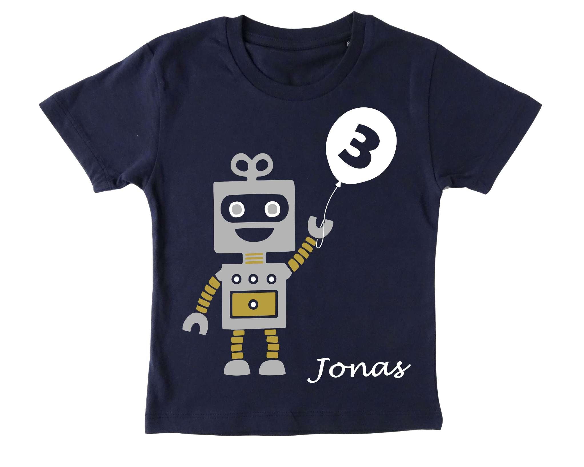 navi Geburtstagsshirt Roboter mit silber metallic Effekt, Name und Zahl für Kinder, mit weißem Ballon