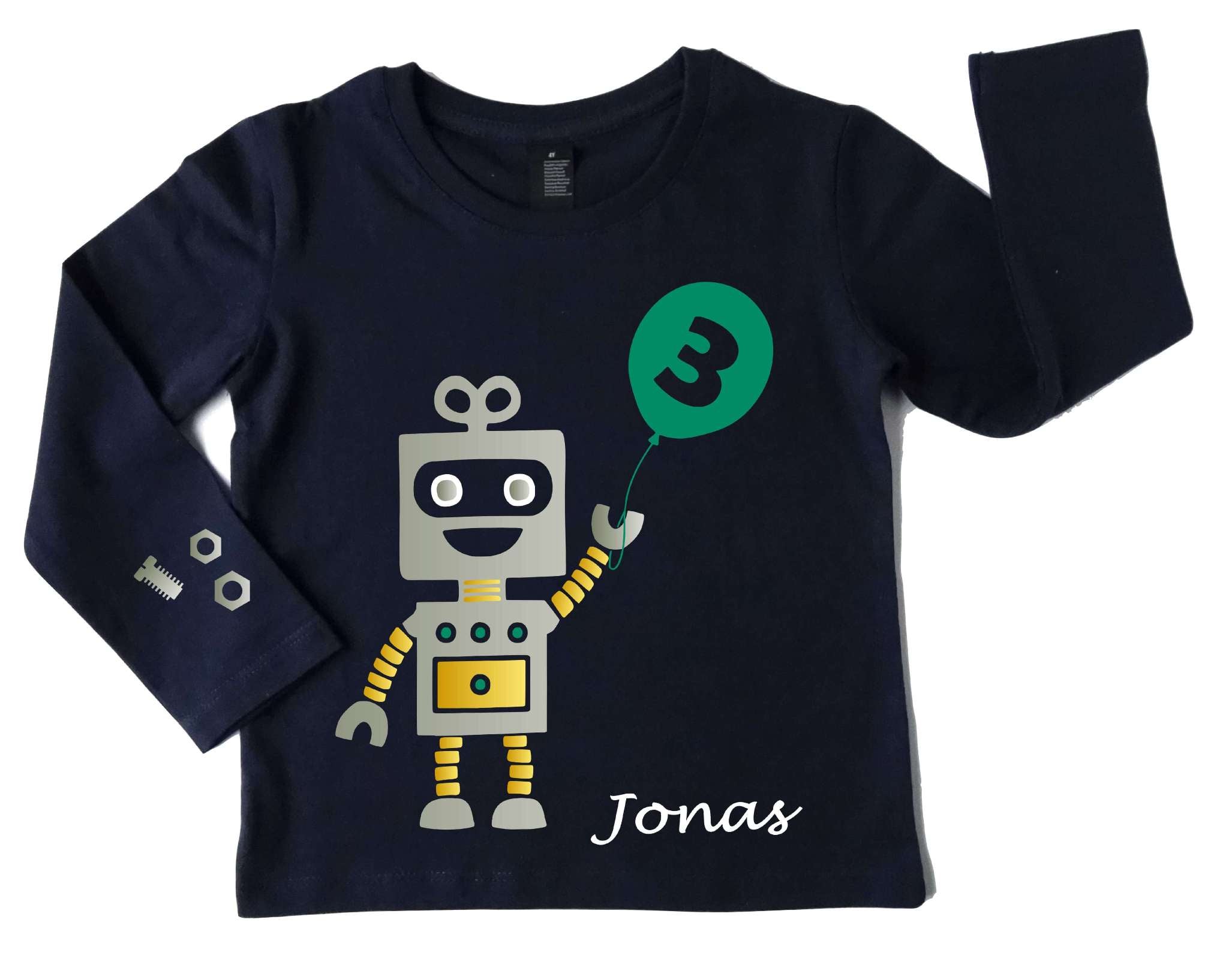 navi Geburtstagsshirt Roboter mit silber und metallic, mit Name, Zahl und petrol Luftballon mit langen Ärmeln