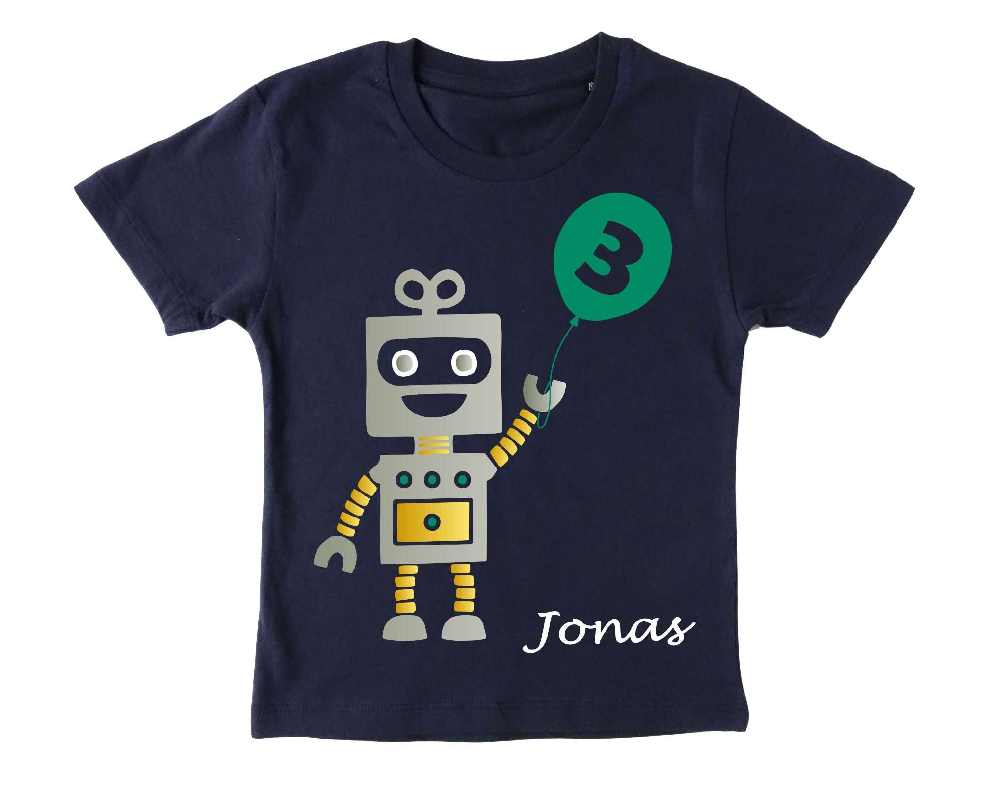 navi Geburtstagsshirt Roboter mit silber metallic Effekt, Name und Zahl für Kinder, mit petrol farbenem Ballon