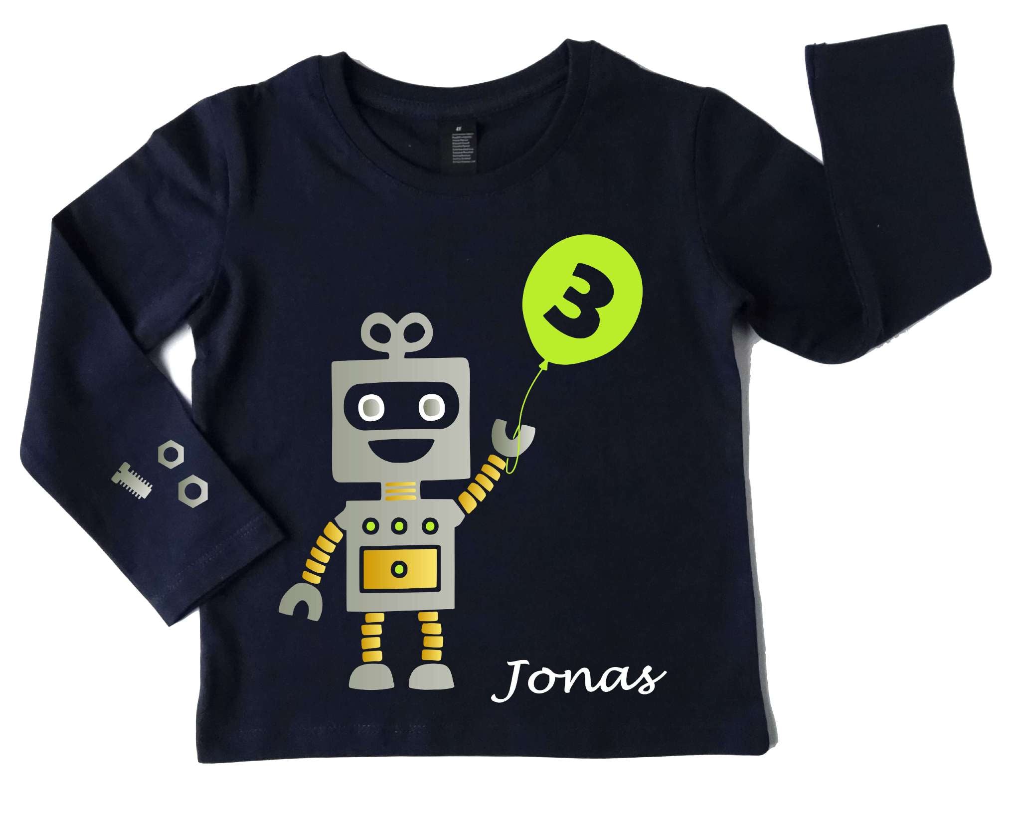 navi Geburtstagsshirt Roboter mit silber und metallic, mit Name, Zahl und hellgrünem Luftballon mit langen Ärmeln