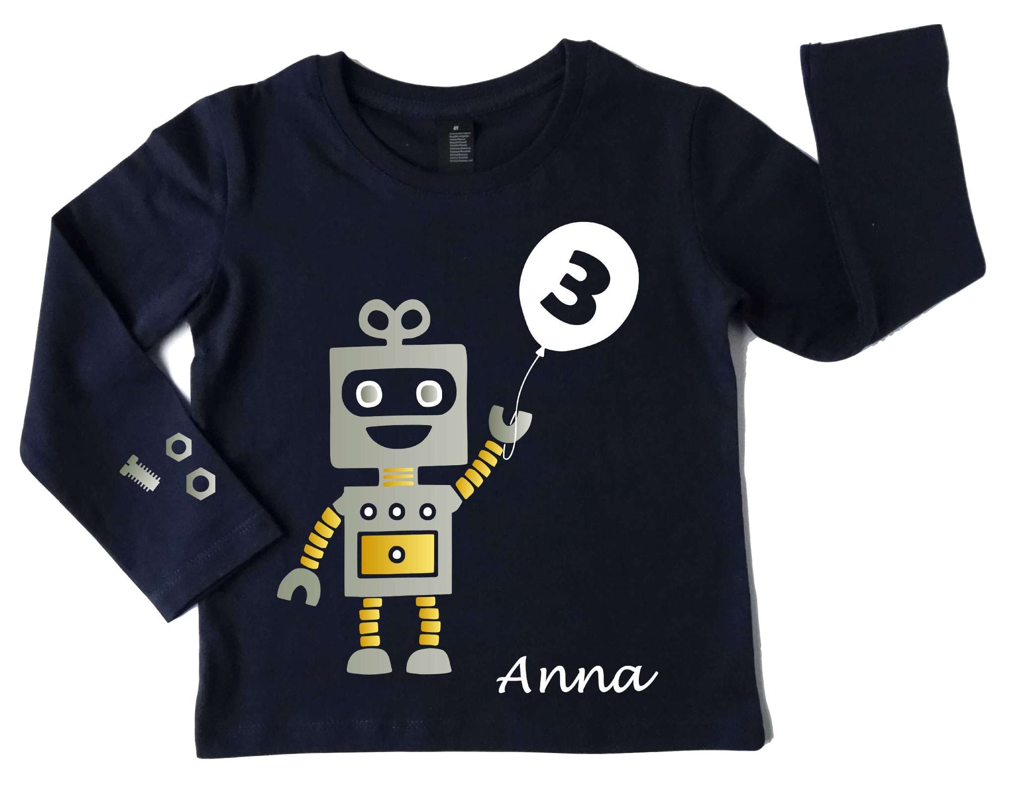 navi Geburtstagsshirt Roboter mit silber und metallic, mit Name, Zahl und weißem Luftballon mit langen Ärmeln