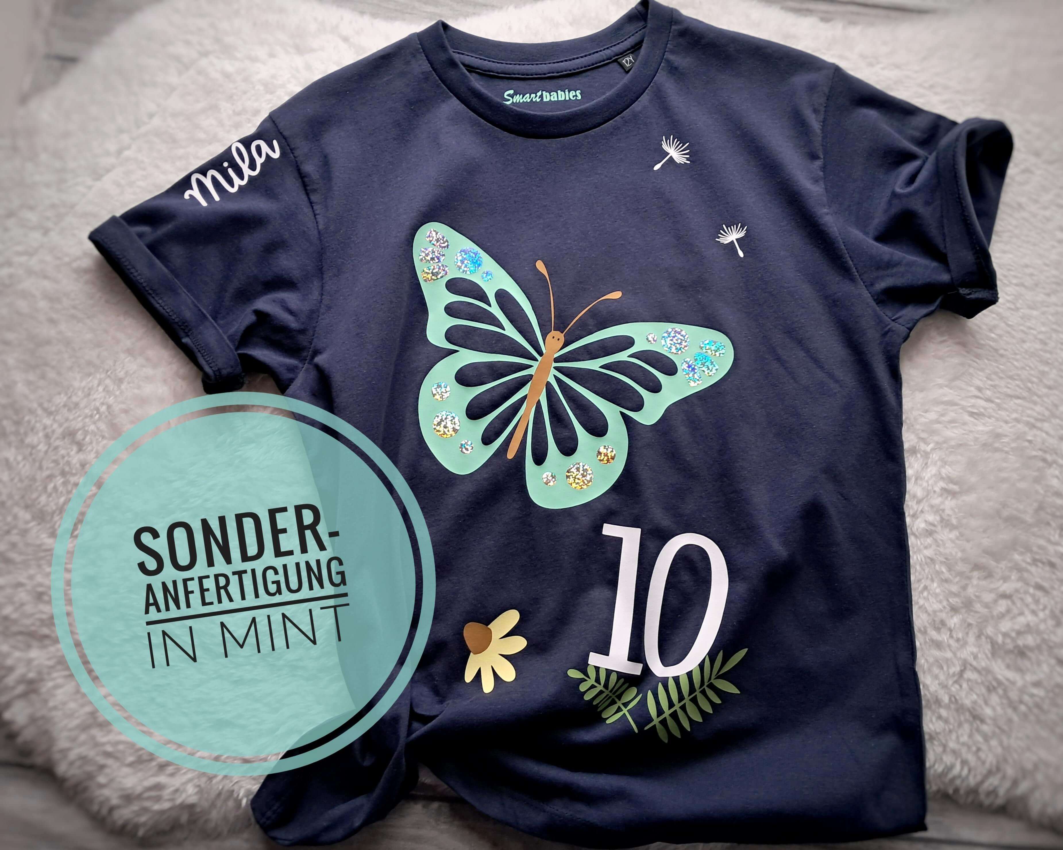 Geburtstagsshirt Schmetterling pastell mint Sonderanfertigung, Einzelstück für Kinder