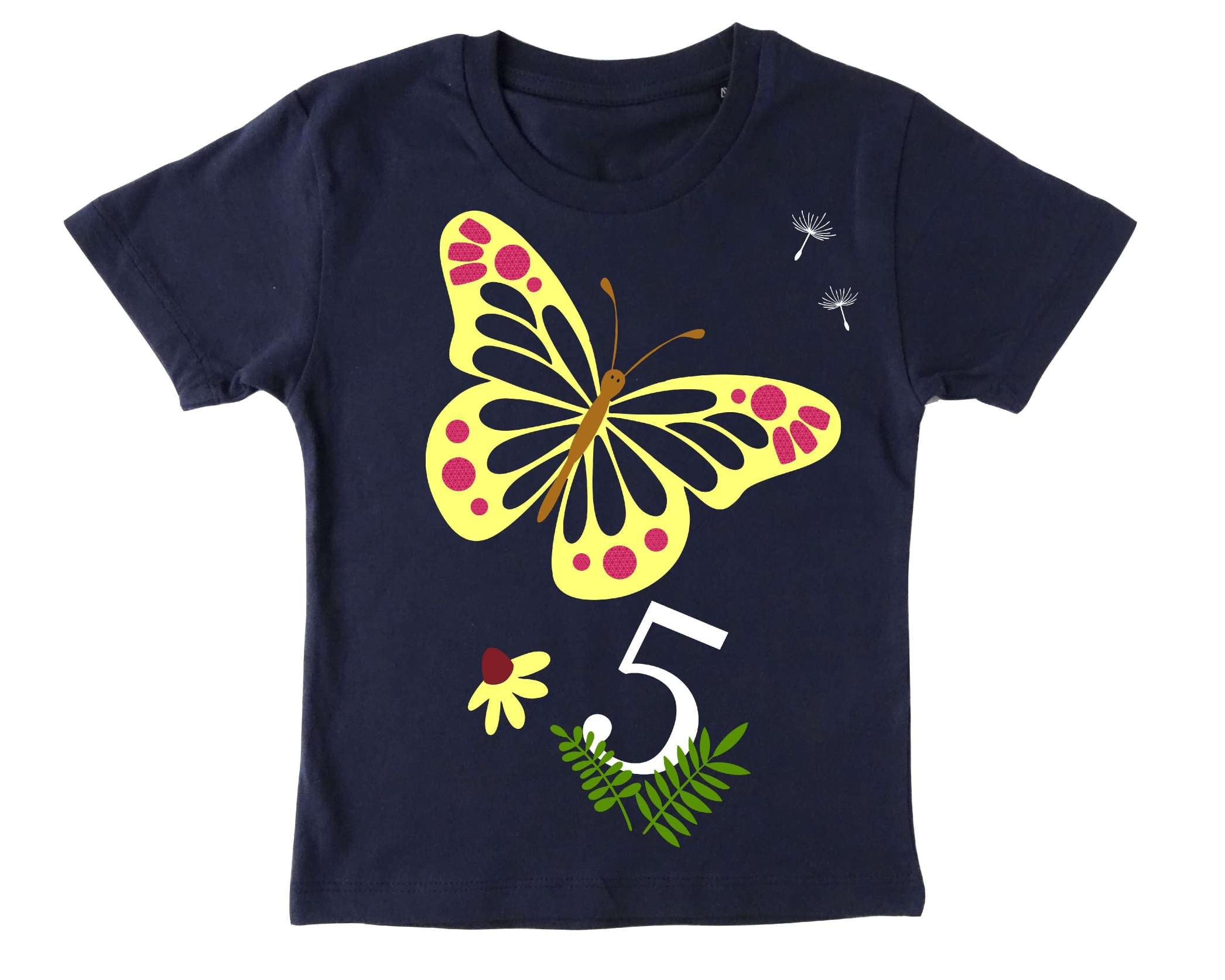 T-Shirt in french Navi für Geburtstagskinder, mit gelbemSchmetterling frühlingshaft bedruckt, Blumen und Natur und holographischem glitter Effekt