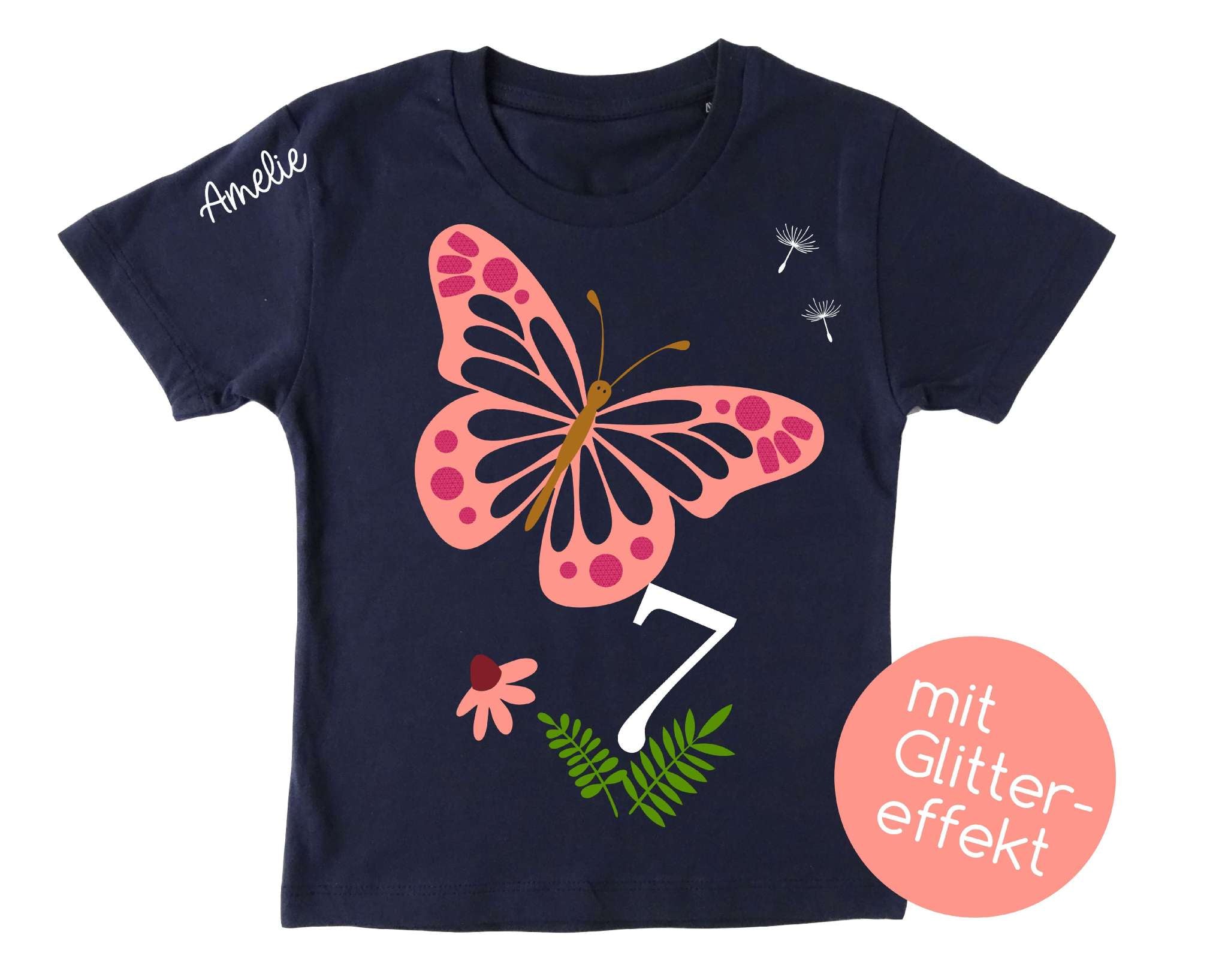 T-Shirt in french Navi für Geburtstagskinder, mit Schmetterling frühlingshaft bedruckt, Blumen und Natur