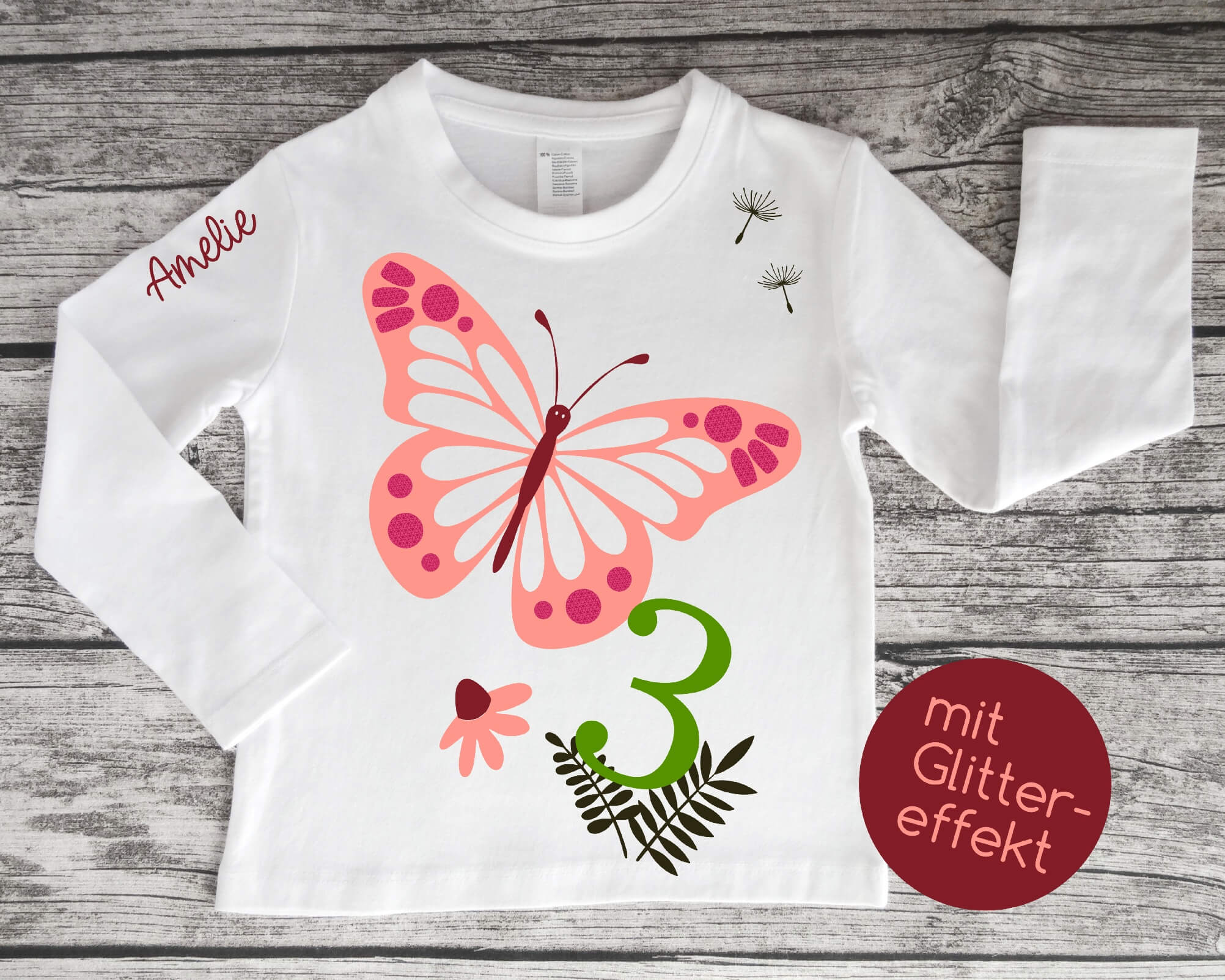 Geburtstagsshirt Schmetterling Langarm, weiß oder navy