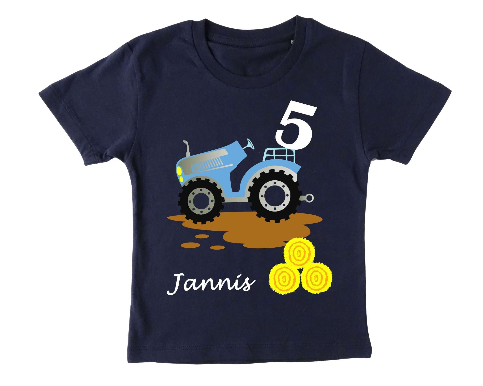navi Geburtstagsshirt für Kinder hellblauer Traktor mit silber metallic Effekt, Name und Zahl