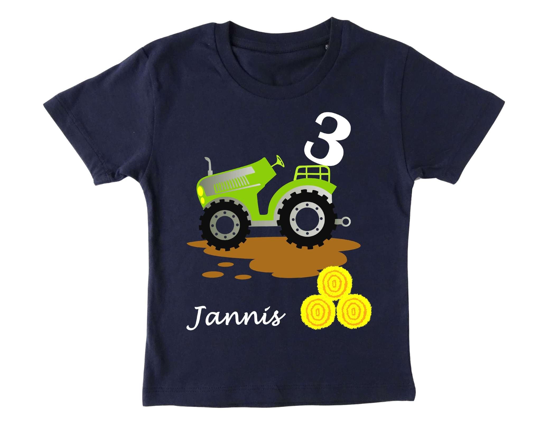 navi Geburtstagsshirt für Kinder hellgrüner Traktor mit silber metallic Effekt, Name und Zahl