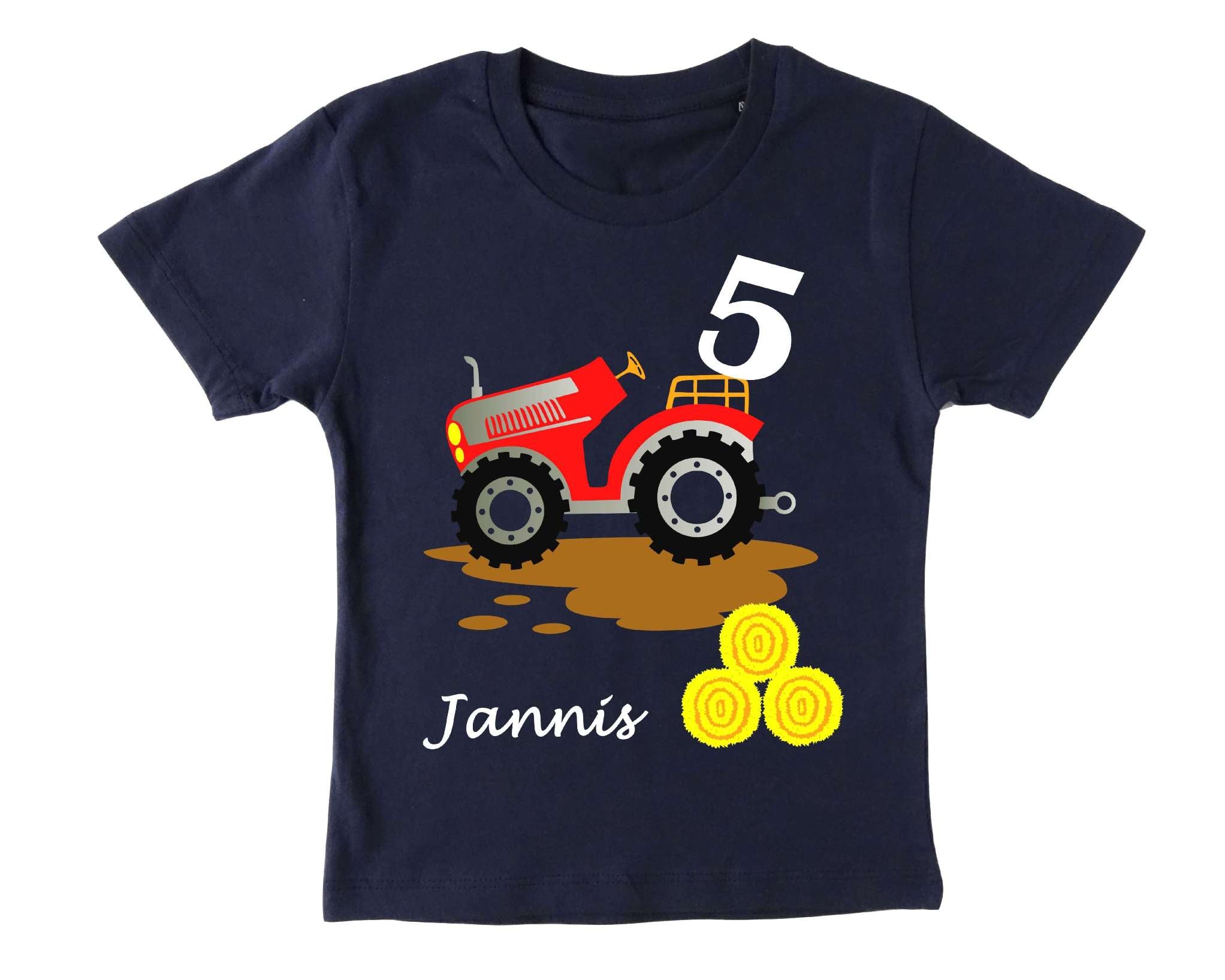navi Geburtstagsshirt für Kinder roter Traktor mit silber metallic Effekt, Name und Zahl