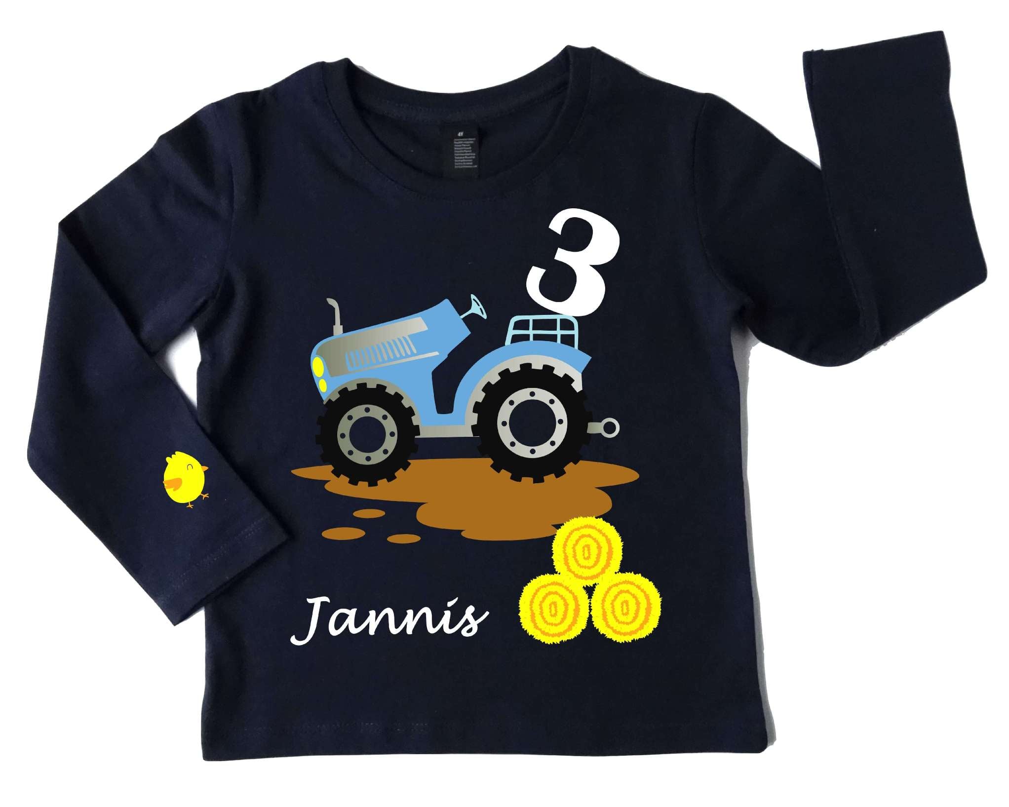navi Geburtstagsshirt hellblauer Traktor mit Name, Zahl, silber metallic Effekt und langen Ärmeln