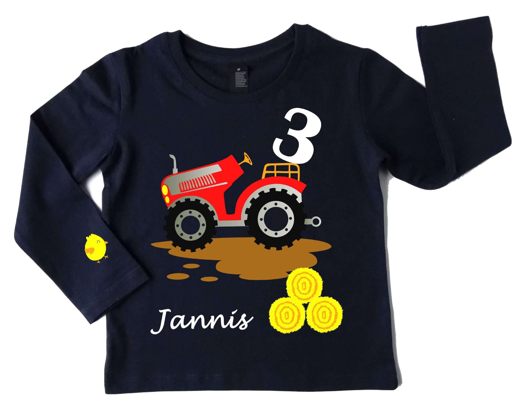 navi Geburtstagsshirt roter Traktor mit Name und Zahl und langen Ärmeln