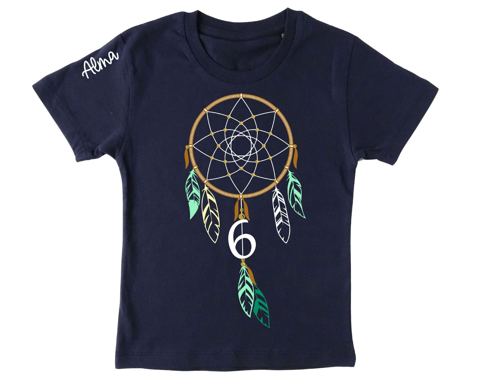 navi Kinder-Geburtstagsshirt mit Traumfänger in braun-mint bedruckt, Name und Zahl und kurzen Ärmeln