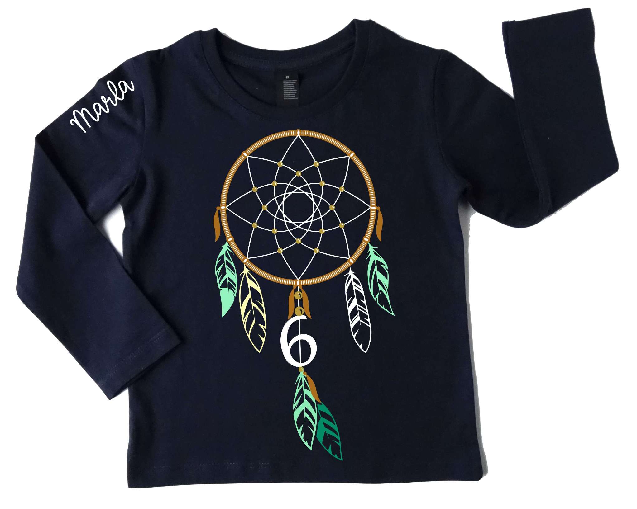 navi Kinder-Geburtstagsshirt mit Traumfänger in braun-mint bedruckt, Name und Zahl und langen Ärmeln
