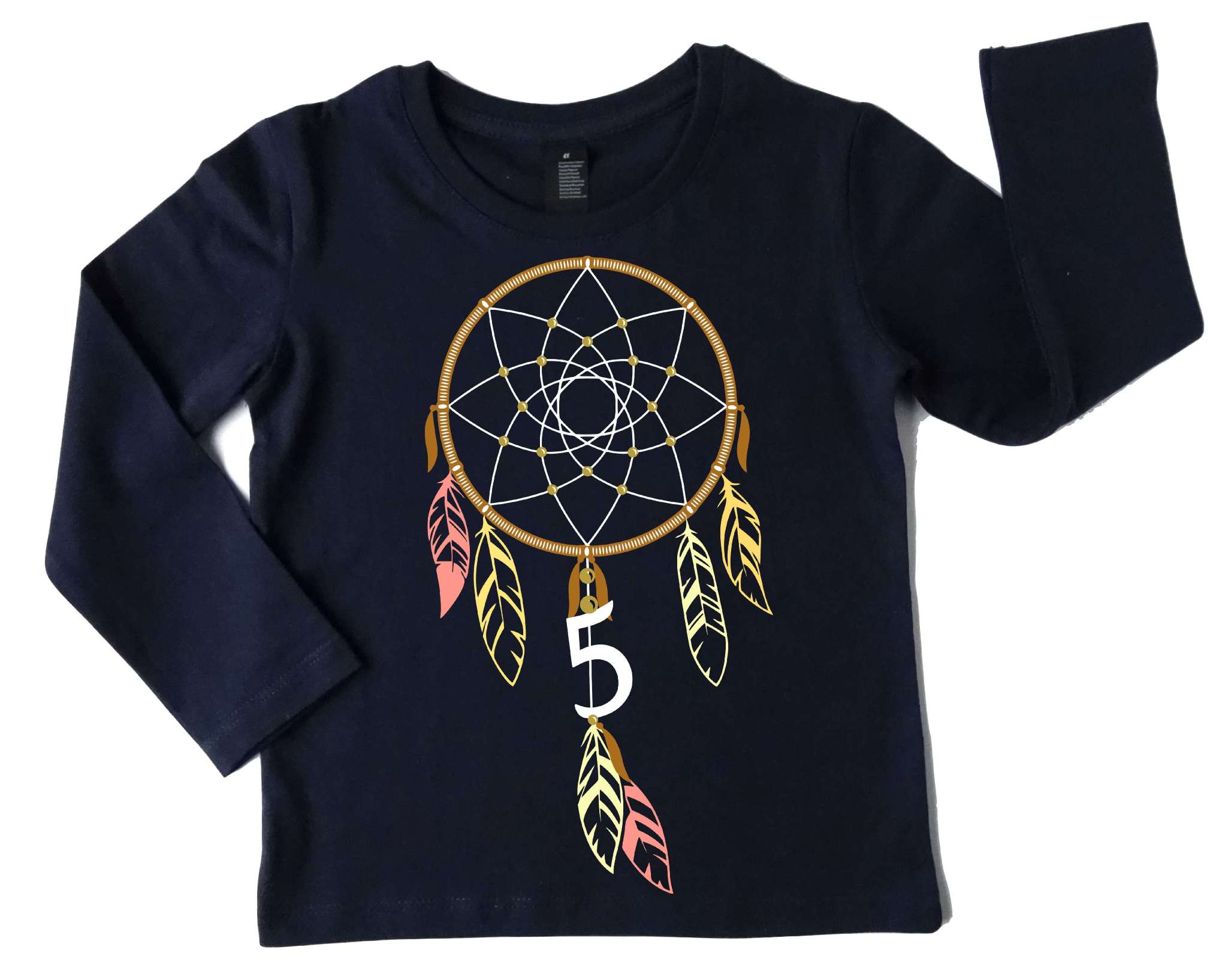 navi Kinder-Geburtstagsshirt mit Traumfänger in braun-rosa bedruckt, Name und Zahl und langen Ärmeln