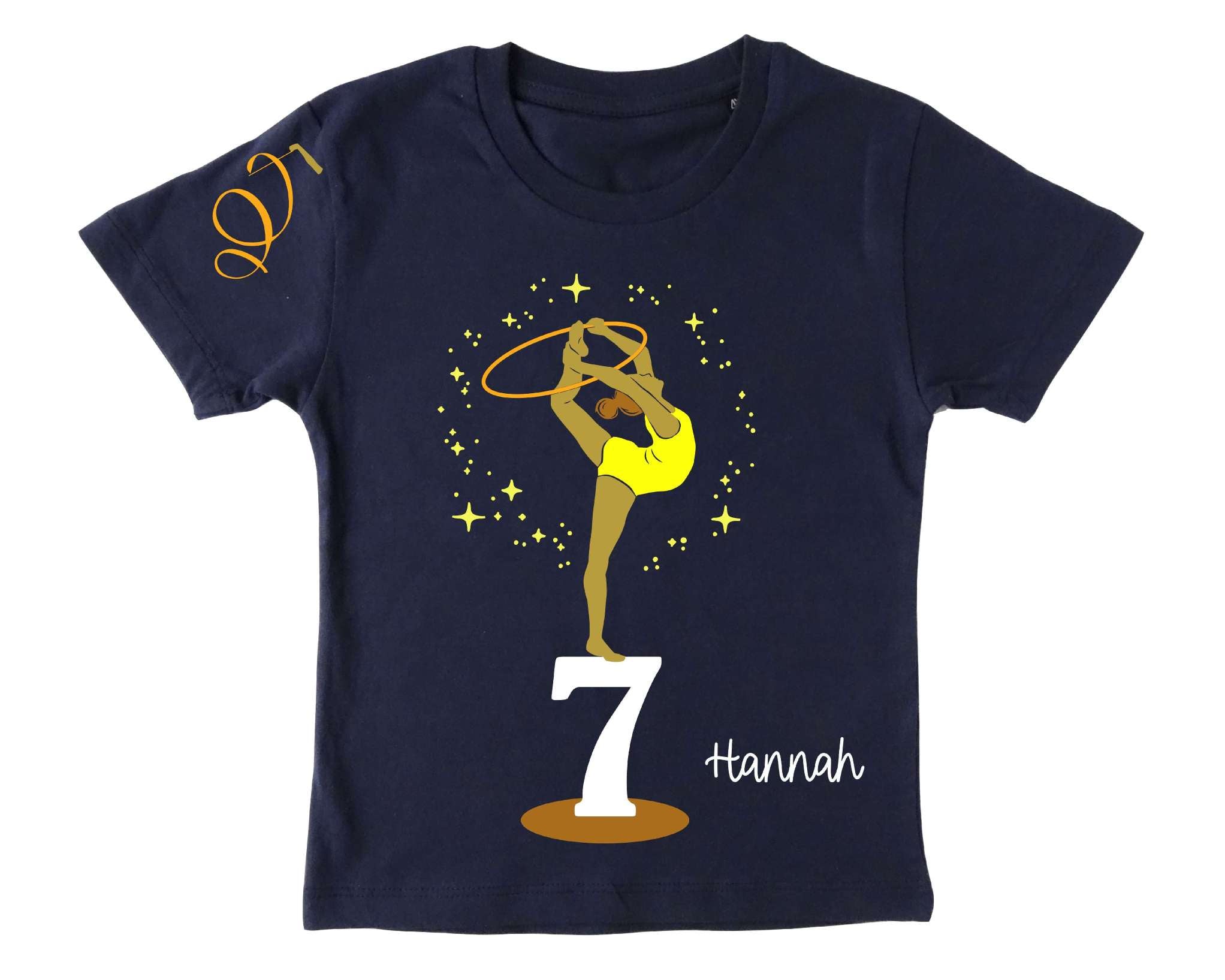 Geburtstagsshirt für Kinder bedruckt mit Turnerin in Pose, mit Name, Zahl und schimmerndem gold-metallic